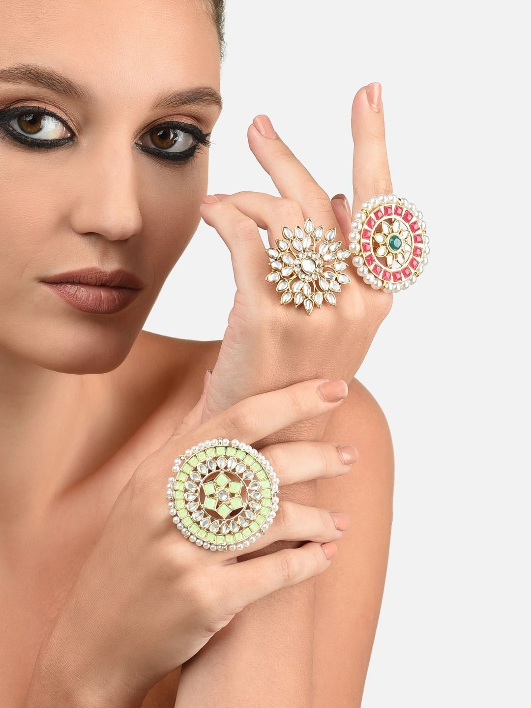 Zaveri Pearls Set of 3 Gold-Plated White Kundan Stone Studded Finger Rings Price in India