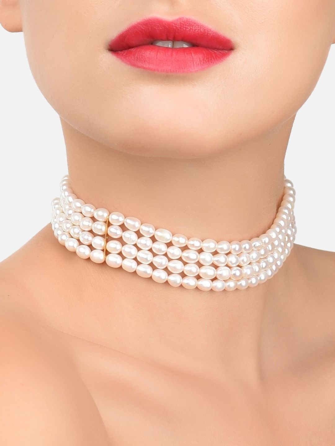 Zaveri Pearls White & Gold-Plated Freshwater Rice Pearls Choker Necklace Price in India