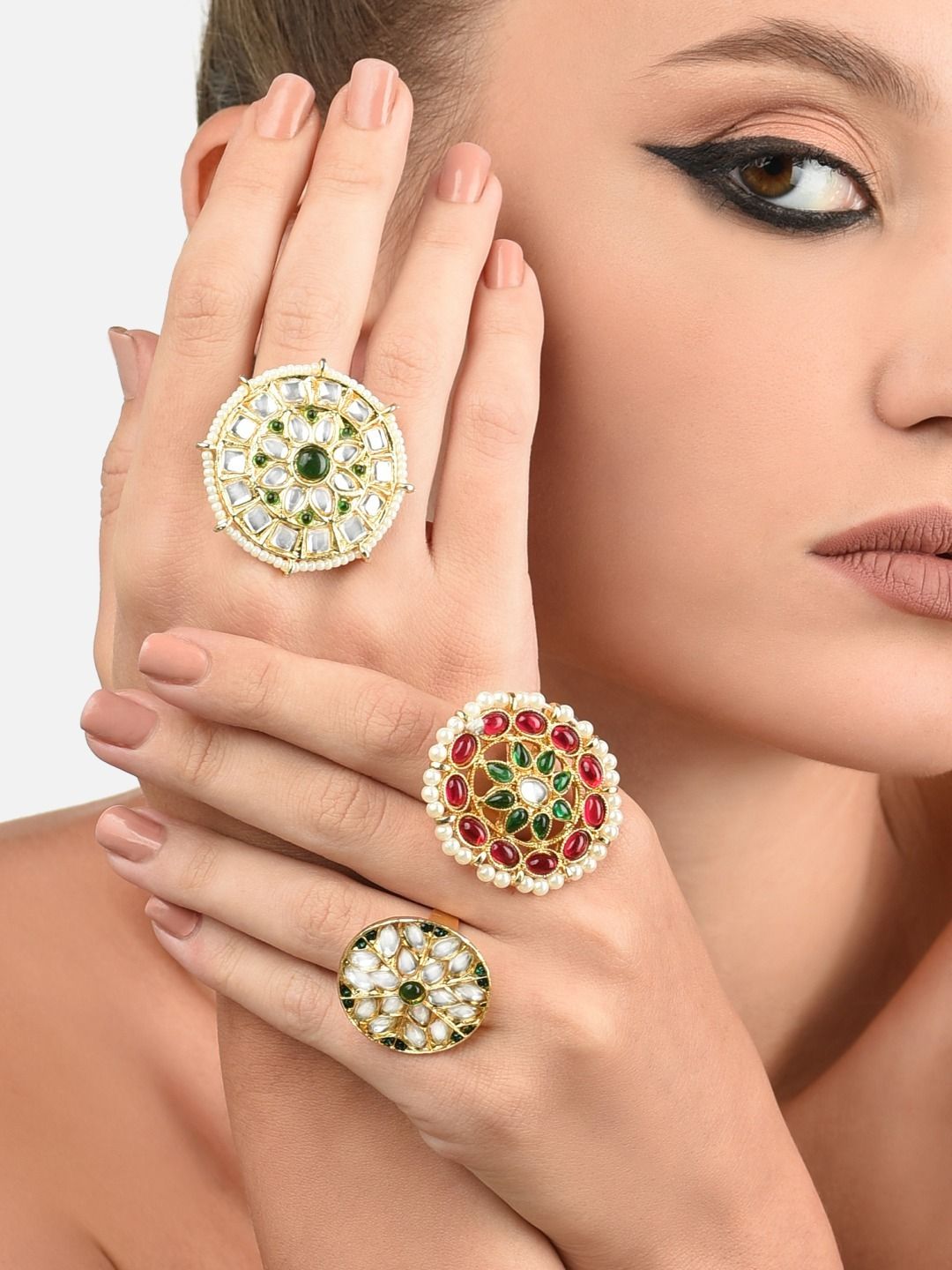 Zaveri Pearls Set Of 3 Gold-Plated Kundan-Studded & Beaded Adjustable Finger Rings Price in India