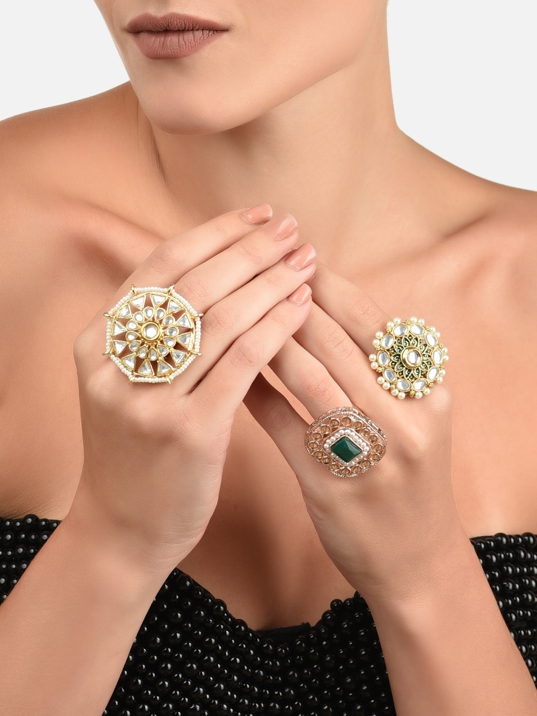 Zaveri Pearls Set Of 3 Gold-Plated White & Green Kundan-Studded & Beaded Meenakari Finger Rings Price in India