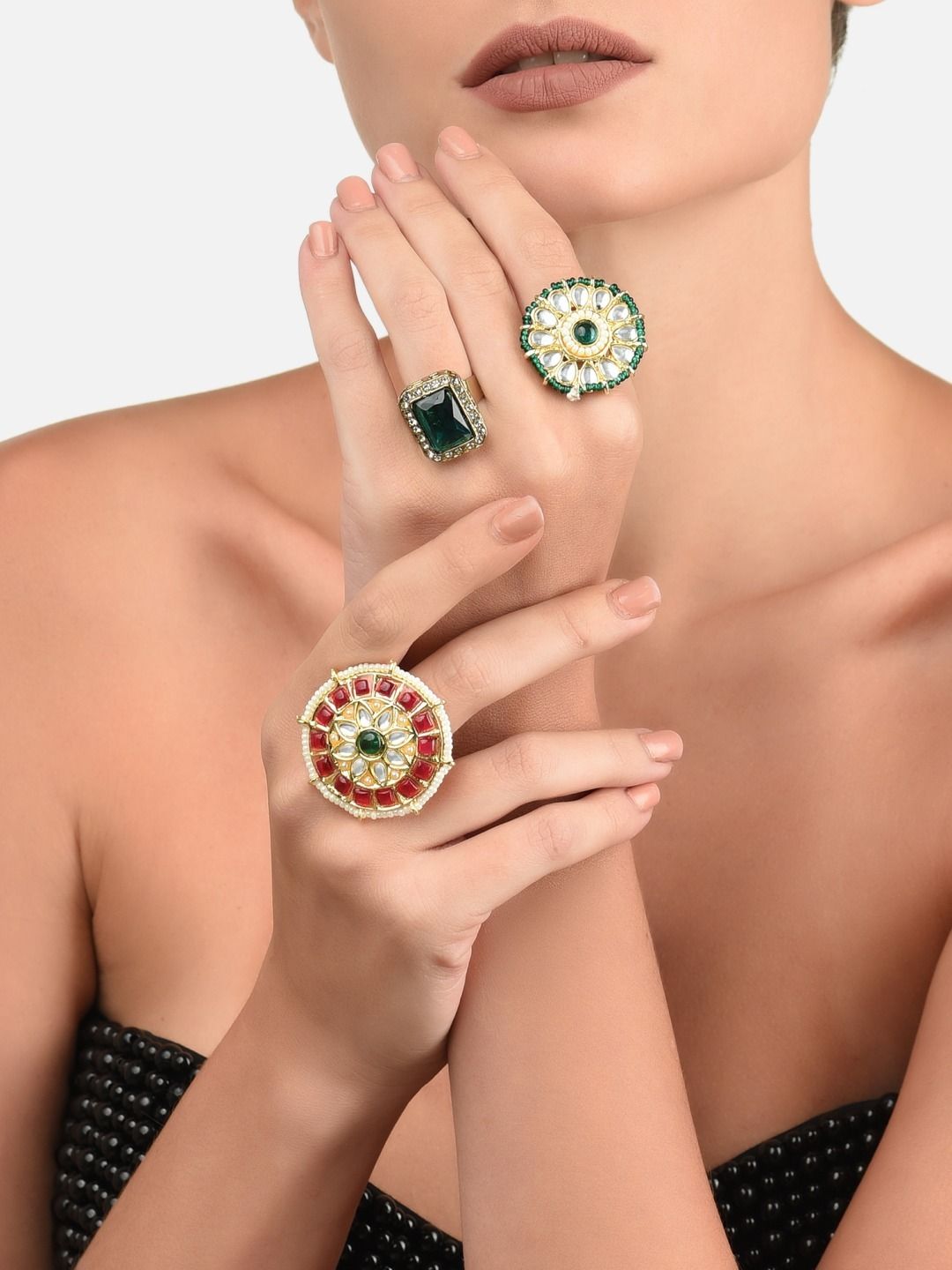Zaveri Pearls Set Of 3 Gold-Plated White & Green Kundan Studded Finger Ring Price in India