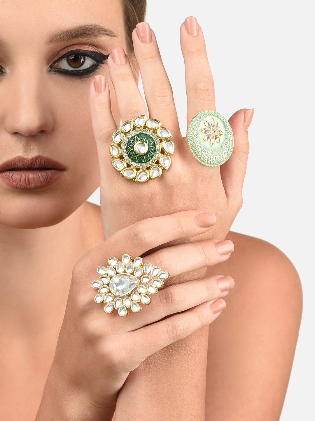 Zaveri Pearls Set of 3 Gold-Plated White & Green Stone Studded Adjustable Finger Rings Price in India