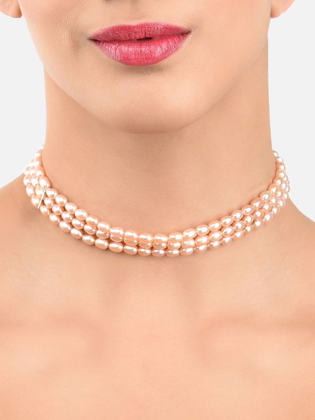 Zaveri Pearls Peach-Coloured Silver-Plated Rice Pearl Choker Necklace Price in India