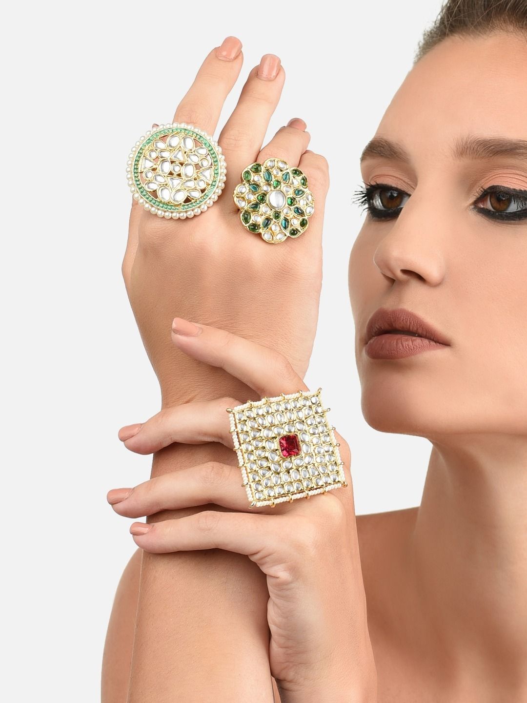 Zaveri Pearls Set Of 3 Gold-plated White & Green Kundan Studded Meenakari Finger Rings Price in India