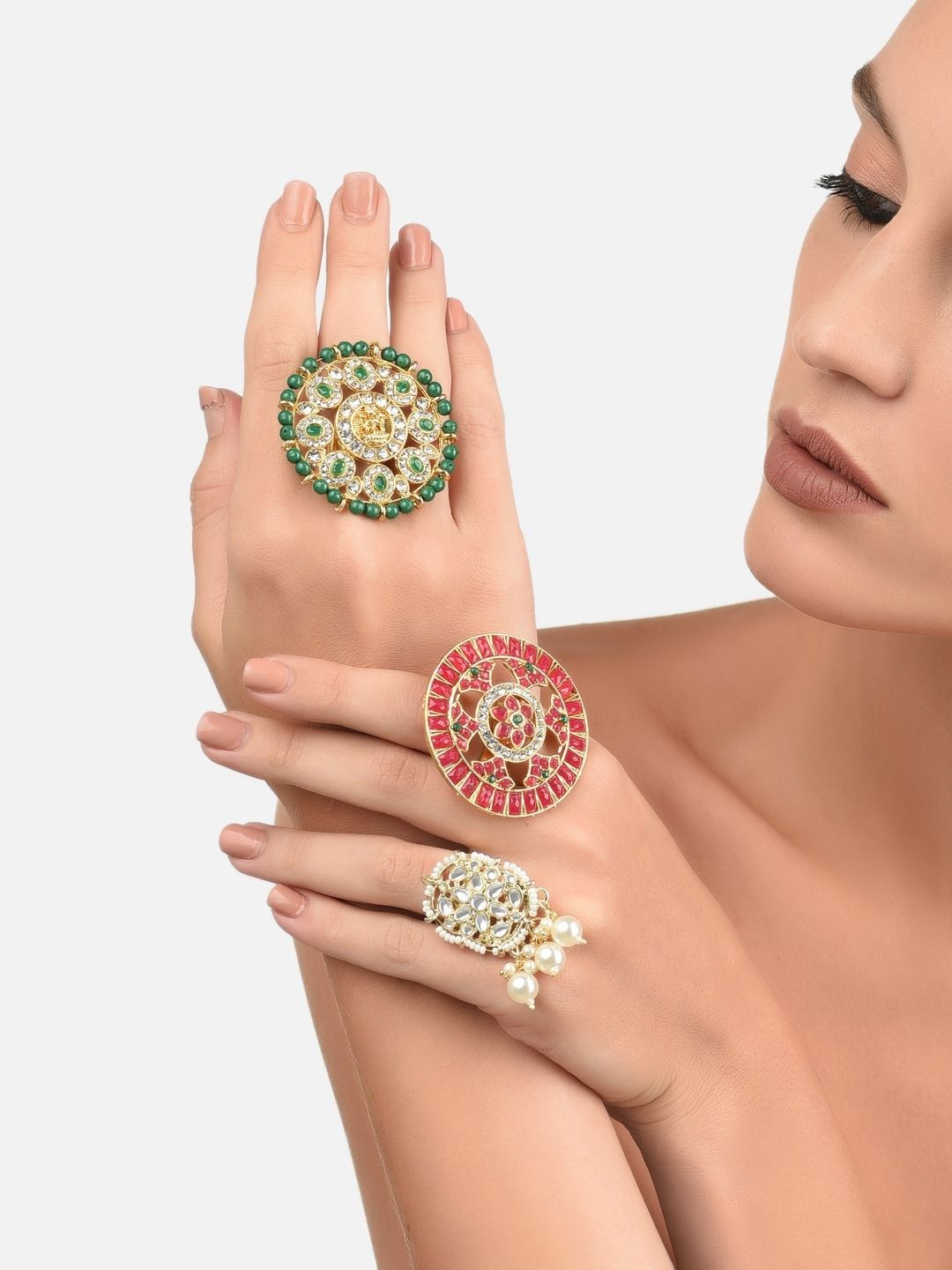 Zaveri Pearls Set Of 3 Gold-Plated White & Green Kundan-Studded & Beaded Finger Rings Price in India