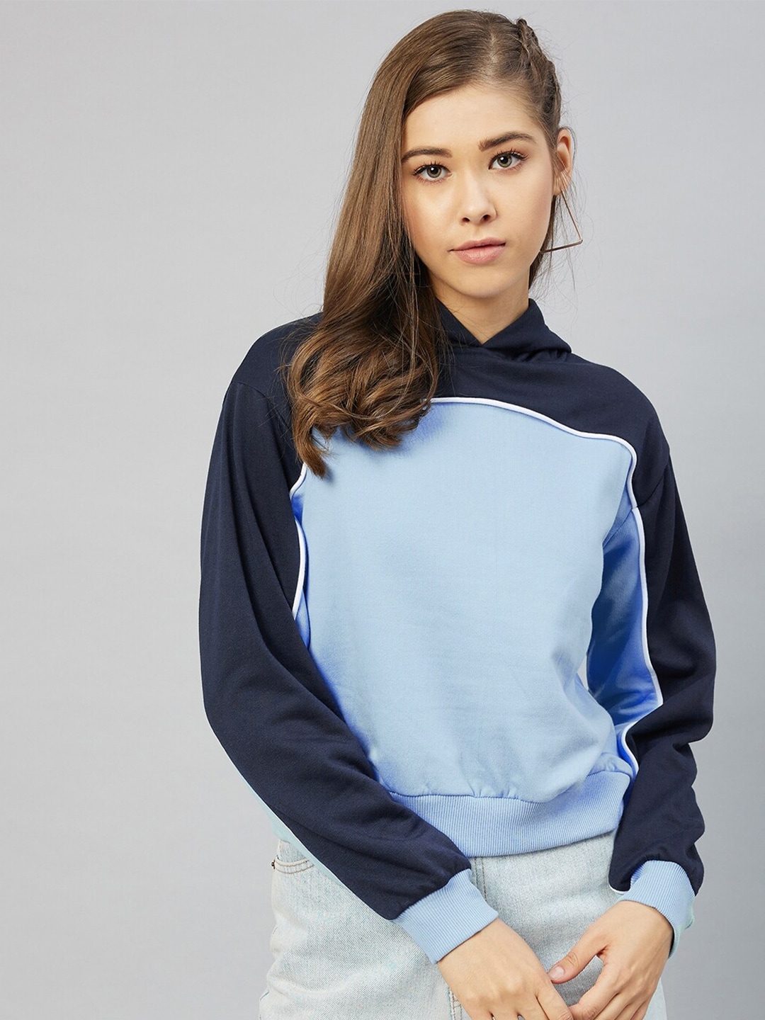 Carlton London Women Blue Colourblocked Hooded Sweatshirt Price in India