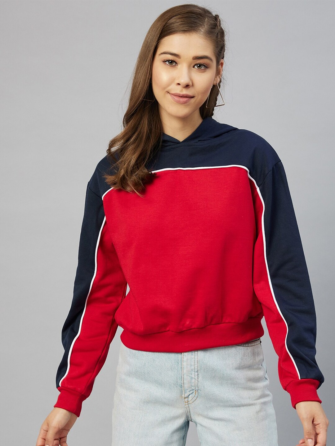Carlton London Women Red Colourblocked Hooded Sweatshirt Price in India
