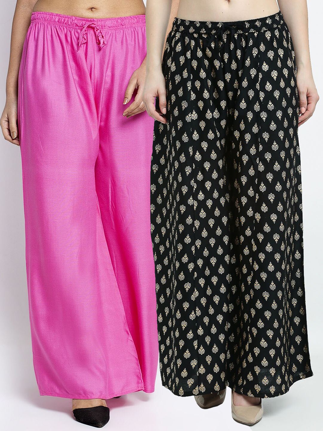 GRACIT Set Of 2 Women Pink & Black Ethnic Motifs Printed Flared Ethnic Palazzos Price in India