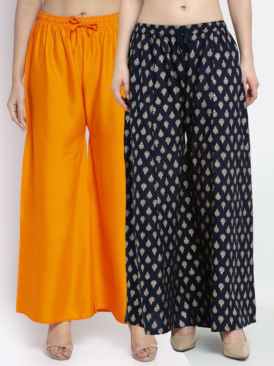 GRACIT Women Orange & Navy Blue Pack of 2 Ethnic Motifs Printed Flared Ethnic Palazzos Price in India