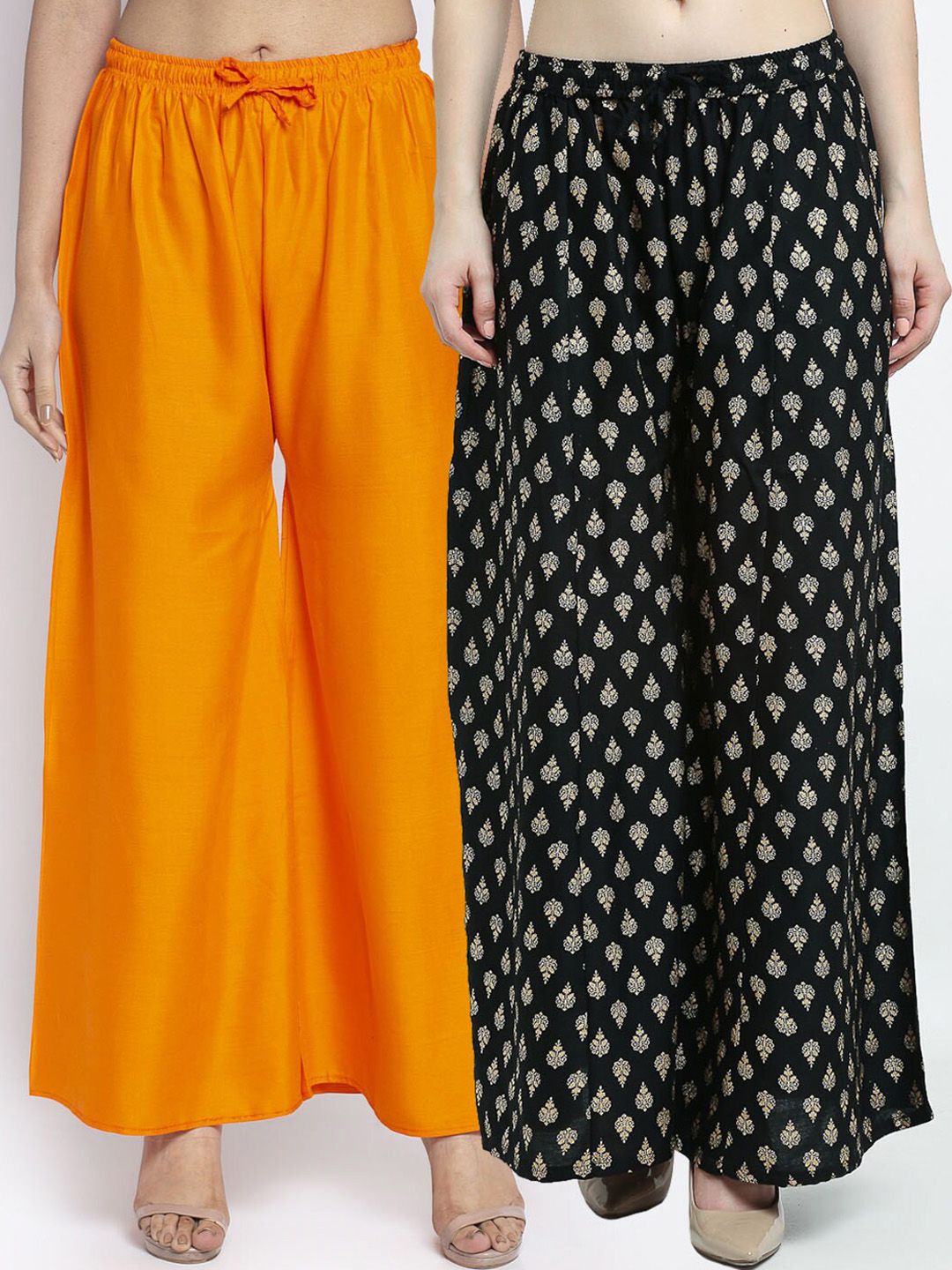 GRACIT Woman Pack of 2 Orange & Black 2 Printed Flared Knitted Palazzos Price in India