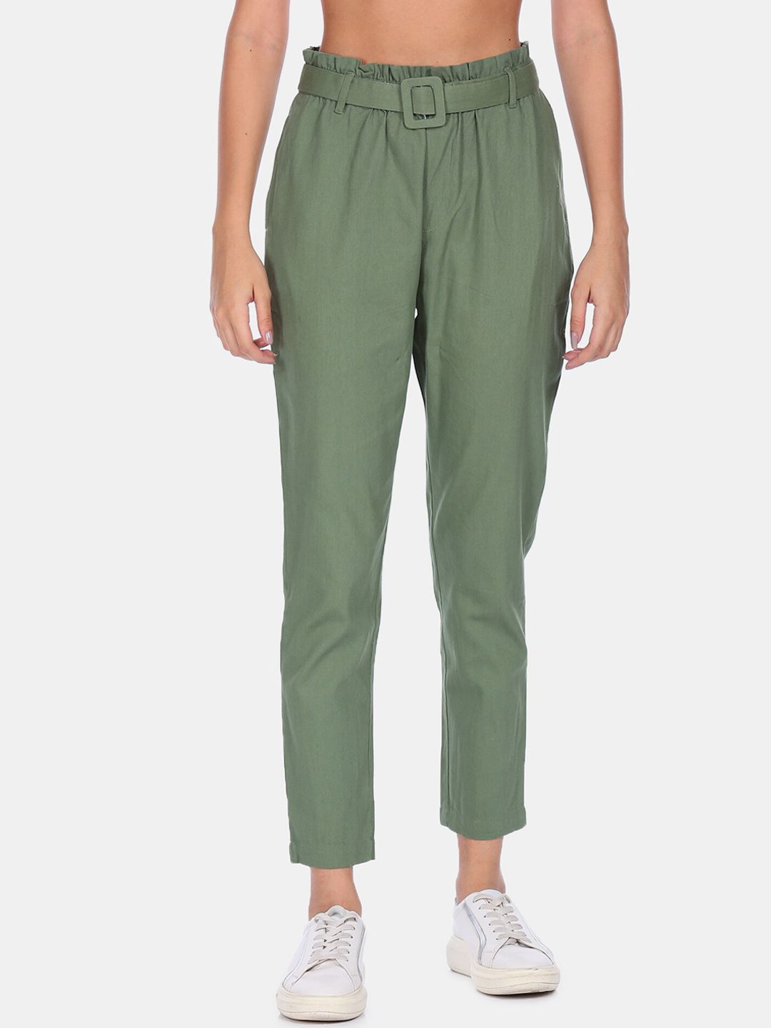 Flying Machine Women Green Pleated Pure Cotton Trousers With Belt Price in India