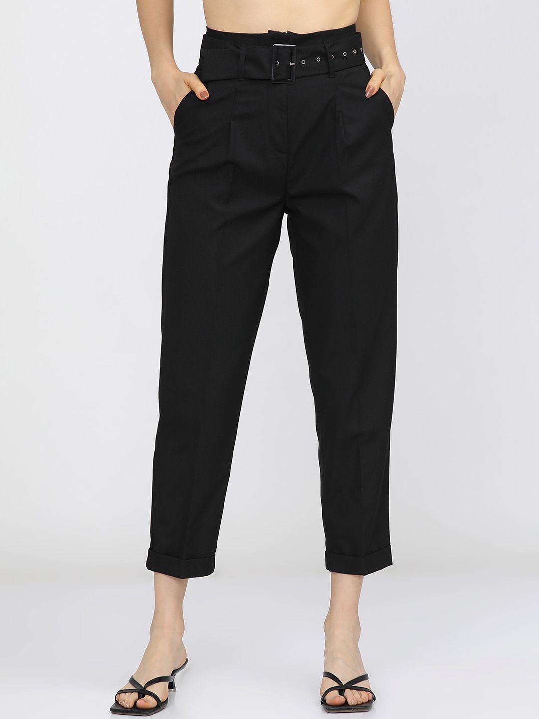 Tokyo Talkies Women Black Slim Fit Pleated Trousers With Belt Price in India