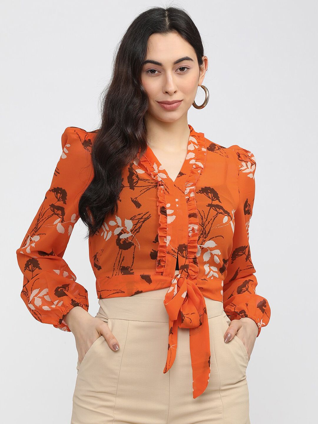Tokyo Talkies Orange Floral Shirt Style Top Price in India