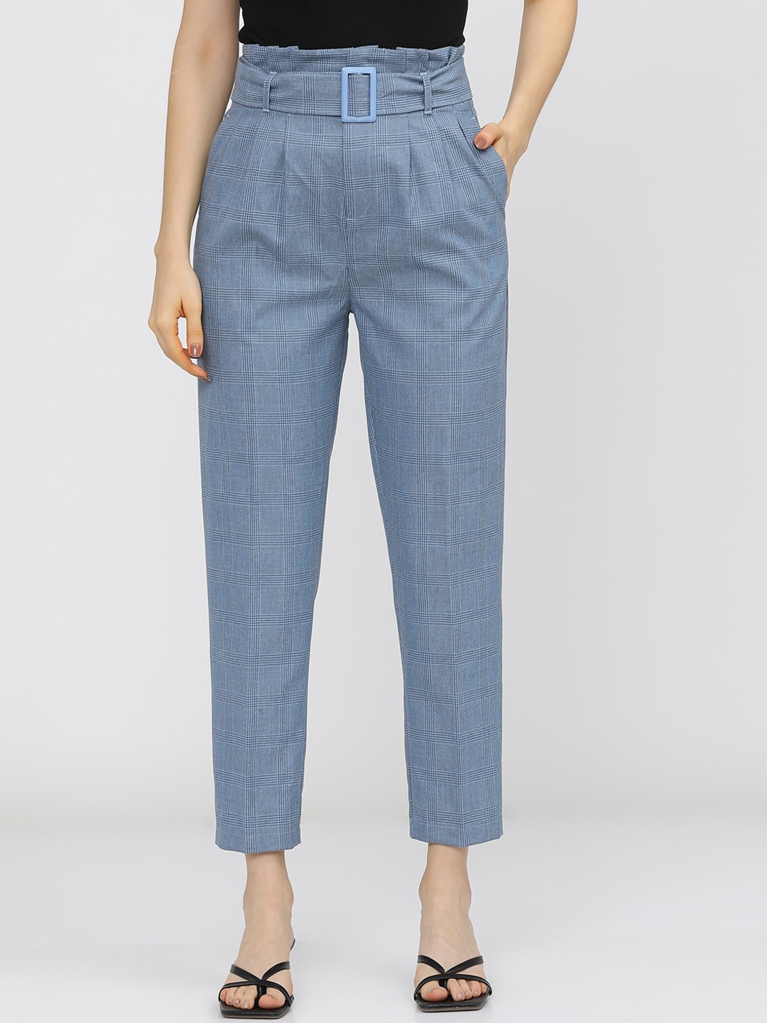 Tokyo Talkies Women Blue Pleated Checked Trousers Price in India