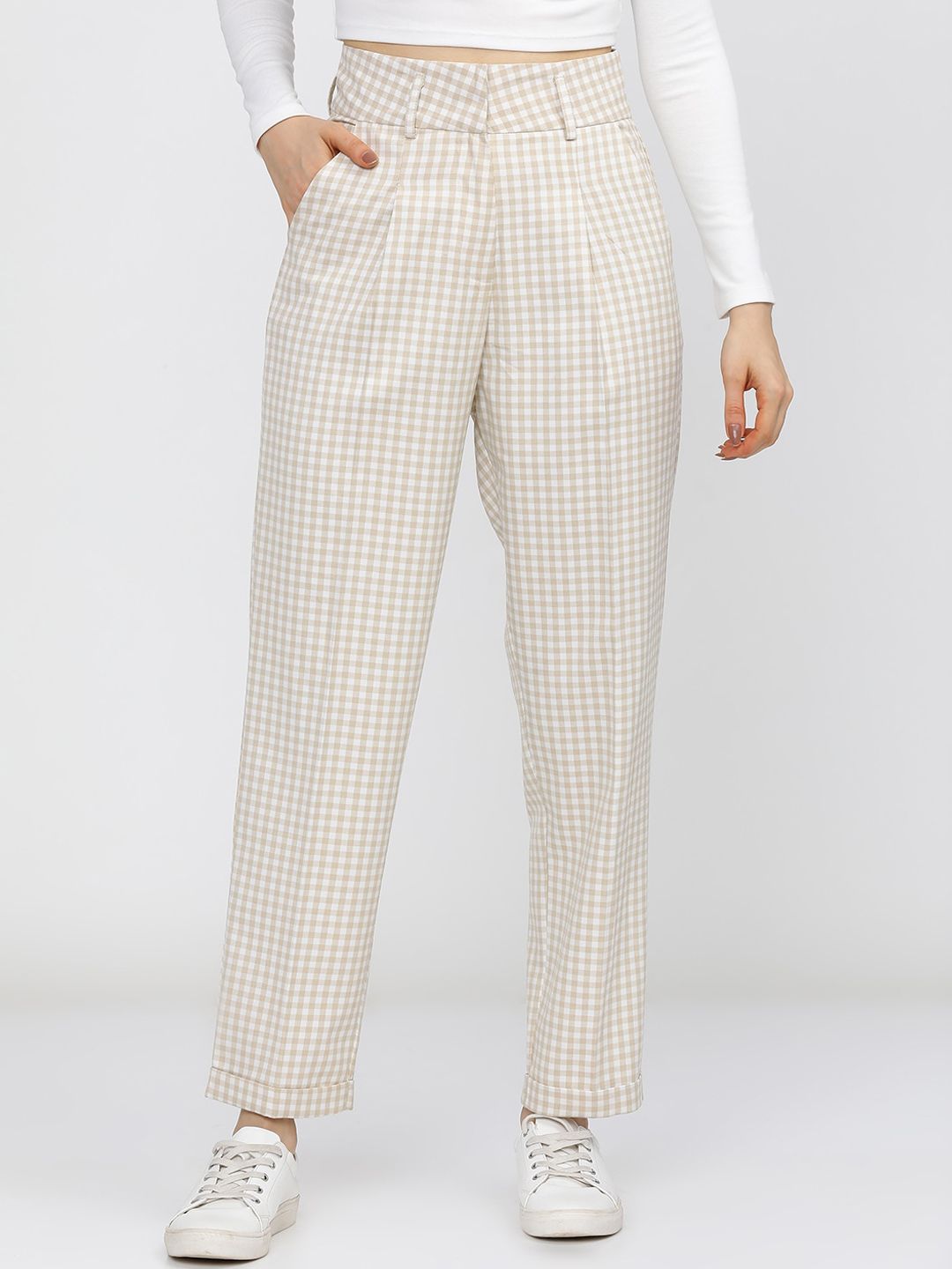 Tokyo Talkies Women Beige Striped Straight Fit Trousers Price in India