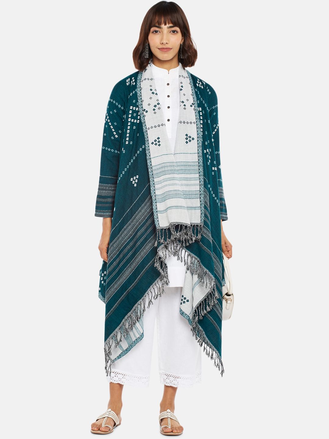 RANGMANCH BY PANTALOONS Women Teal & White Acrylic Longline Open Front Jacket Price in India