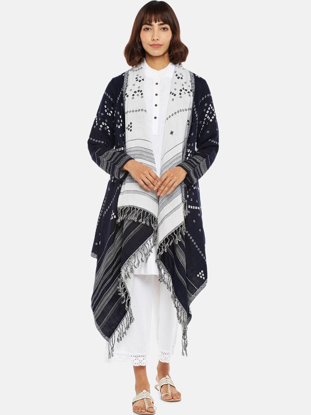 RANGMANCH BY PANTALOONS Women Navy Blue & White Acrylic Longline Open Front Jacket Price in India