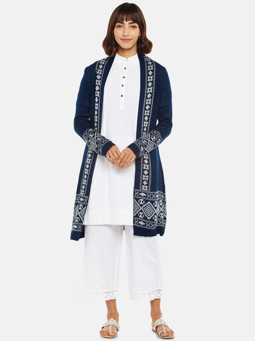 RANGMANCH BY PANTALOONS Women Navy Blue Acrylic Longline Open Front Jacket with Embroidered Price in India