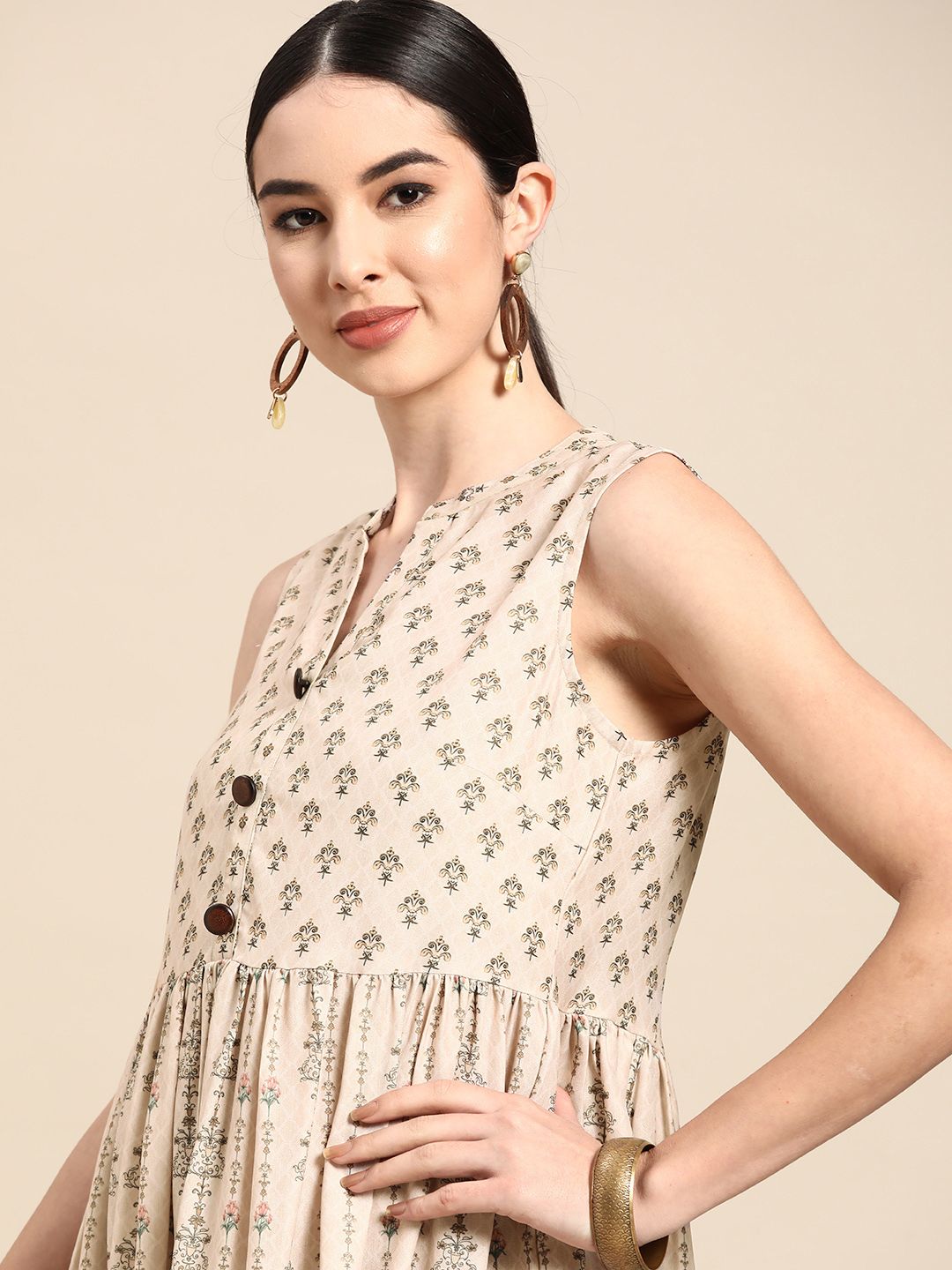 Anouk Beige & Coffee Brown Digital Ethnic Motifs Print Crepe Midi Fit & Flare Dress Price in India