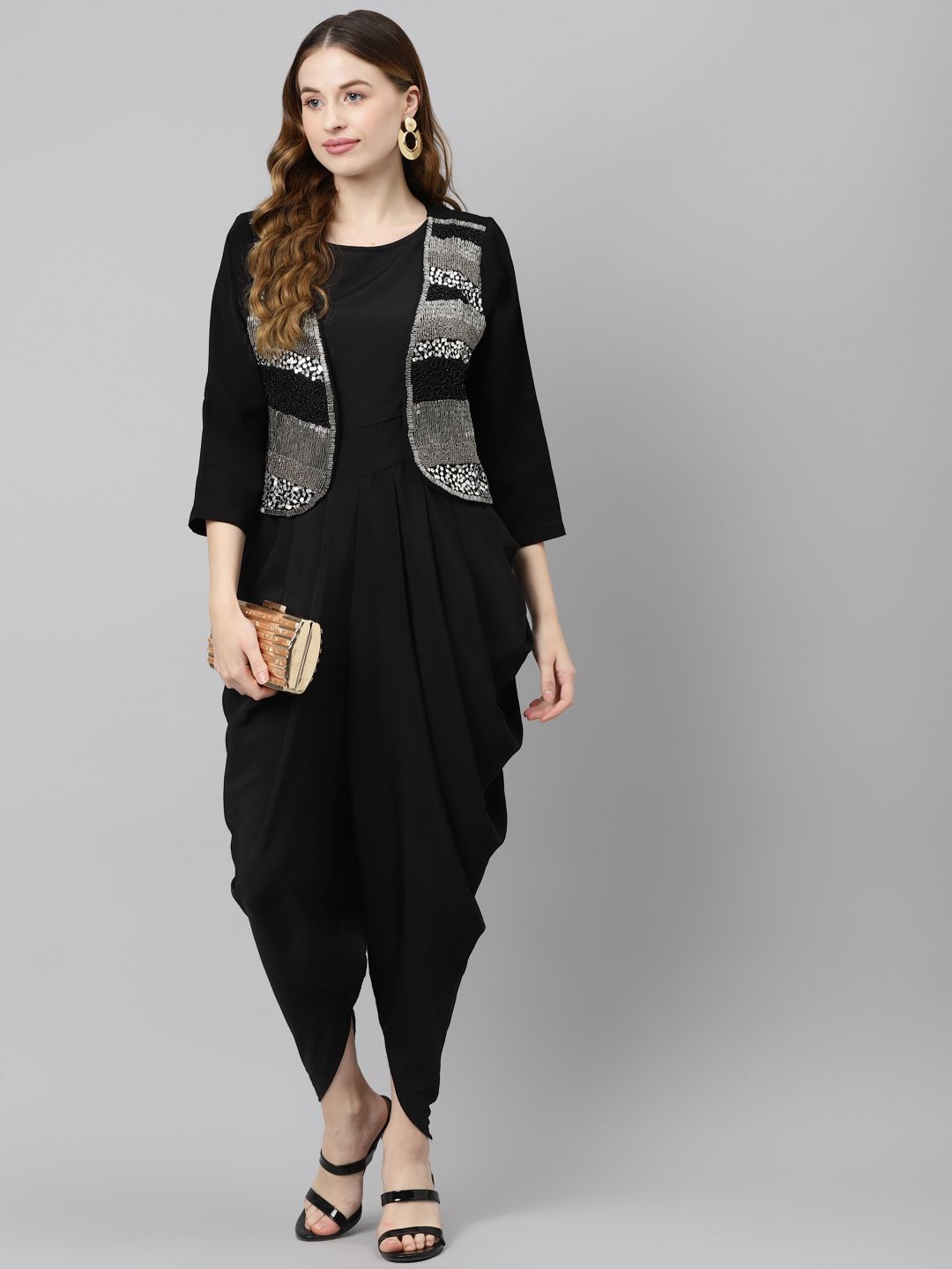 Purple State Black & Silver Solid Dhoti Jumpsuit with Sequinned Ethnic Crop Jacket Price in India