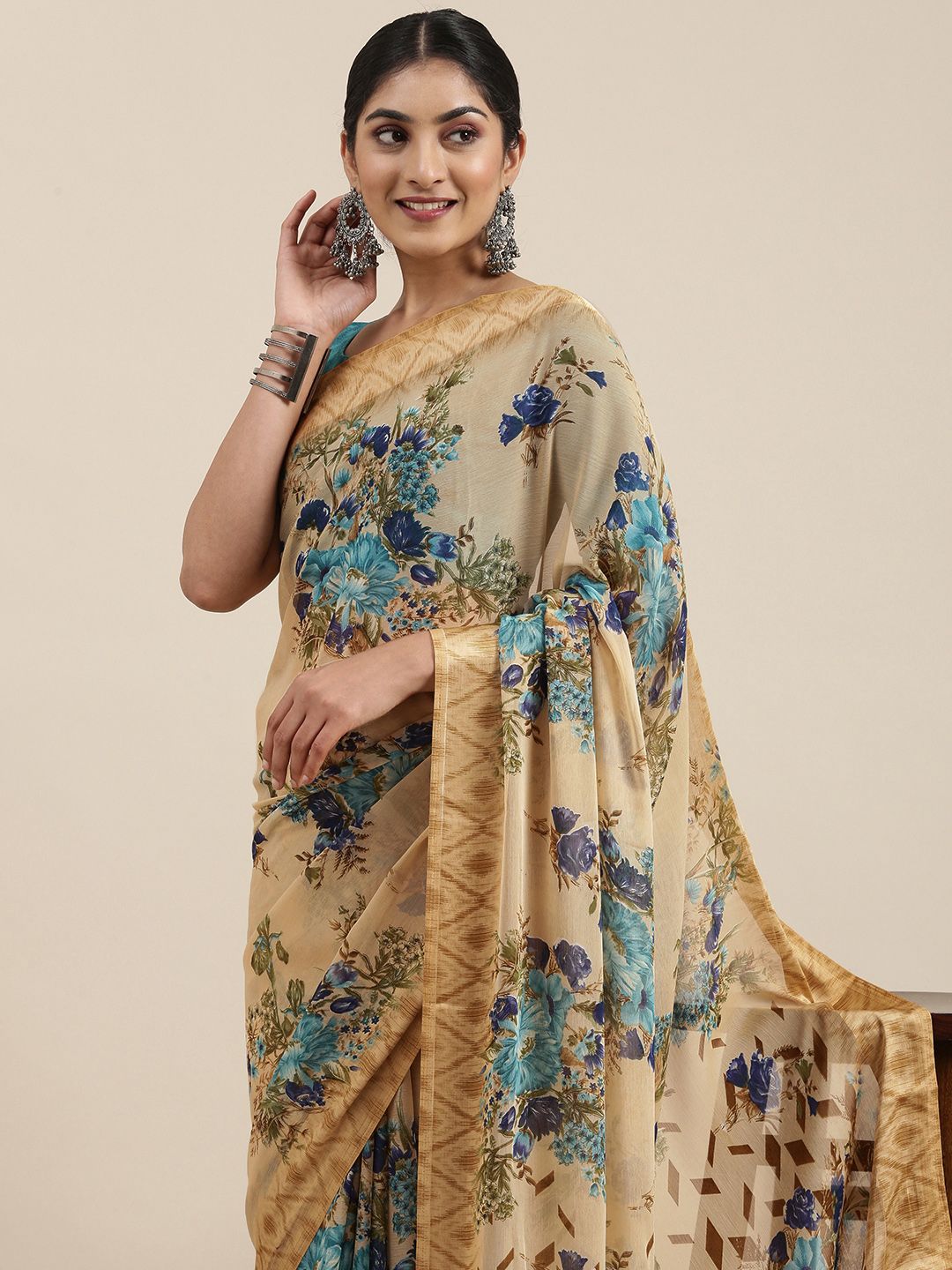 Mitera Beige Floral Pure Chiffon Saree Price in India