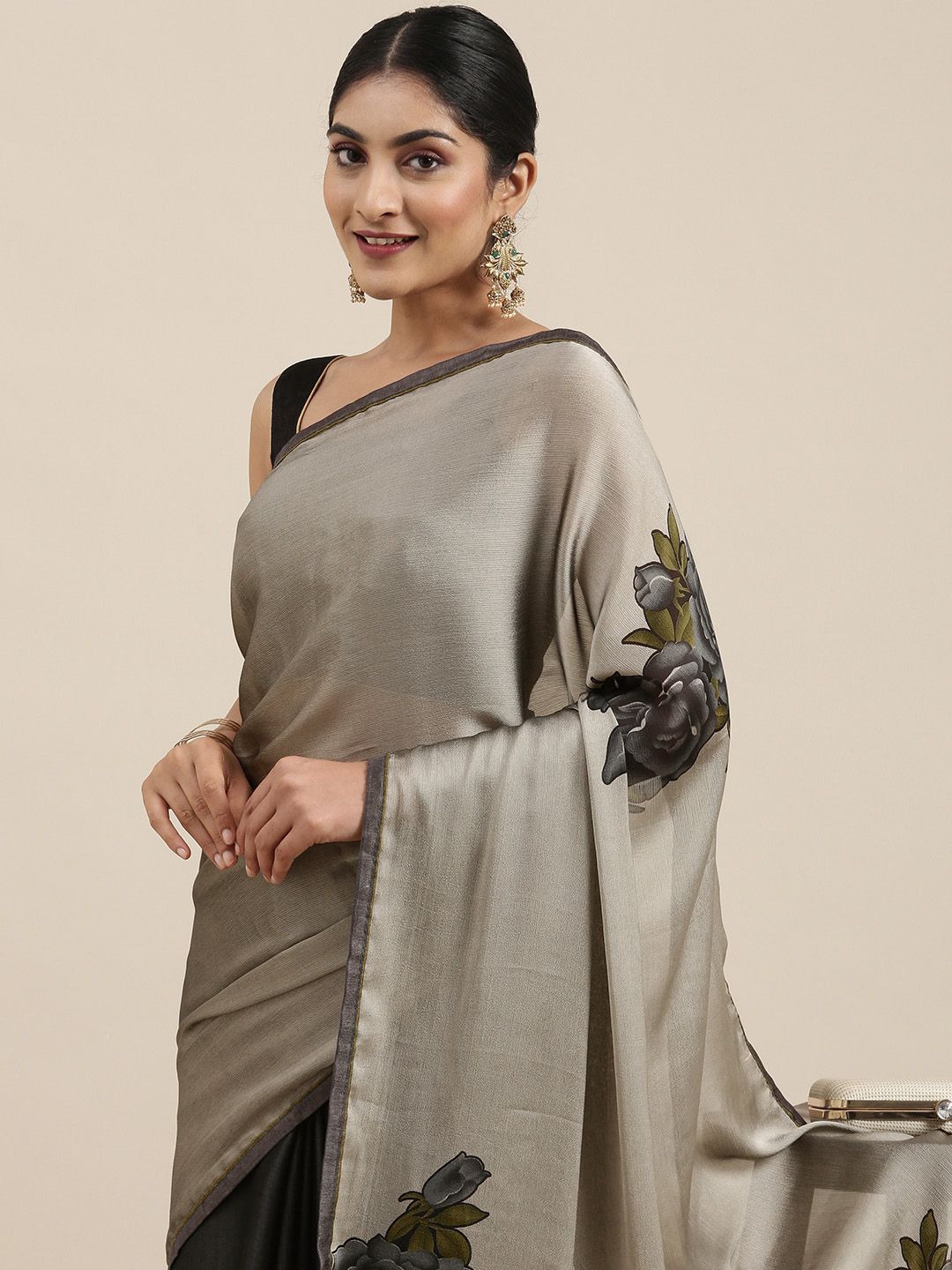 Mitera Grey & Black Floral Pure Chiffon Saree Price in India