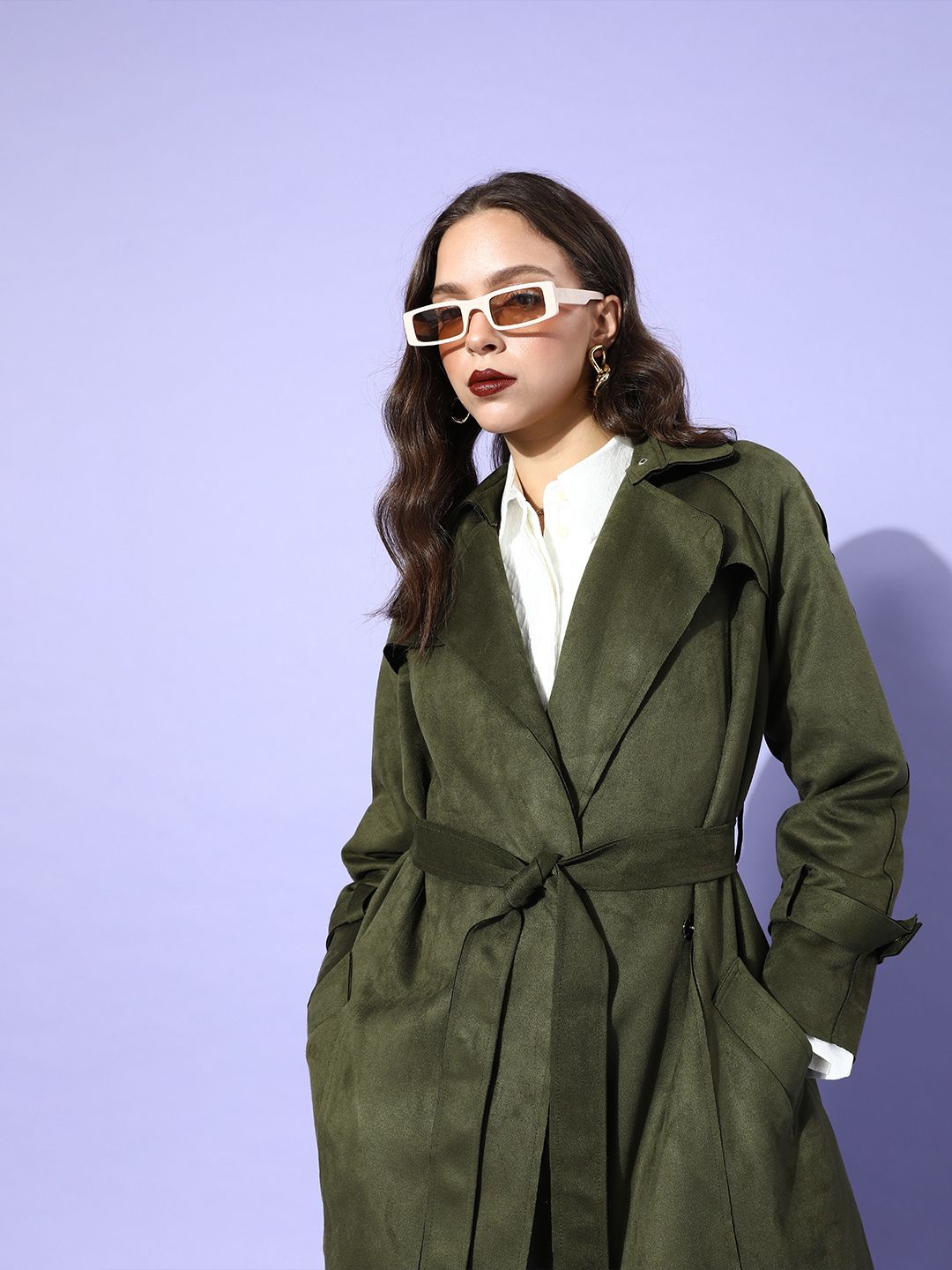 COVER STORY Women Olive Green Solid Belted Jacket Price in India