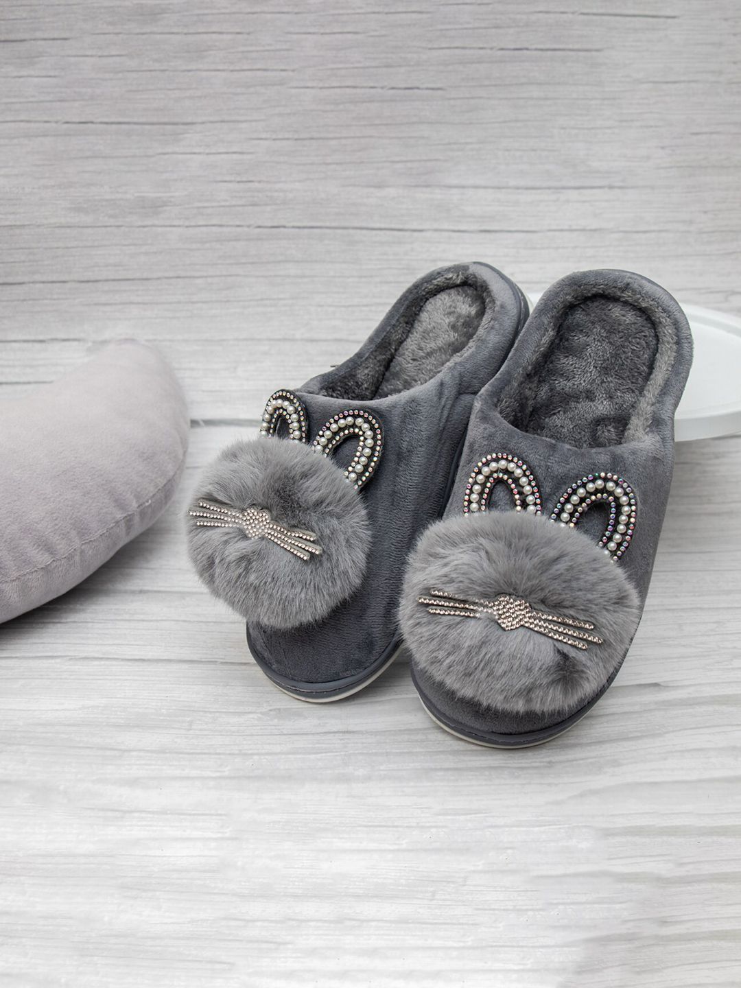 Brauch Women Grey Embellished Room Slippers Price in India