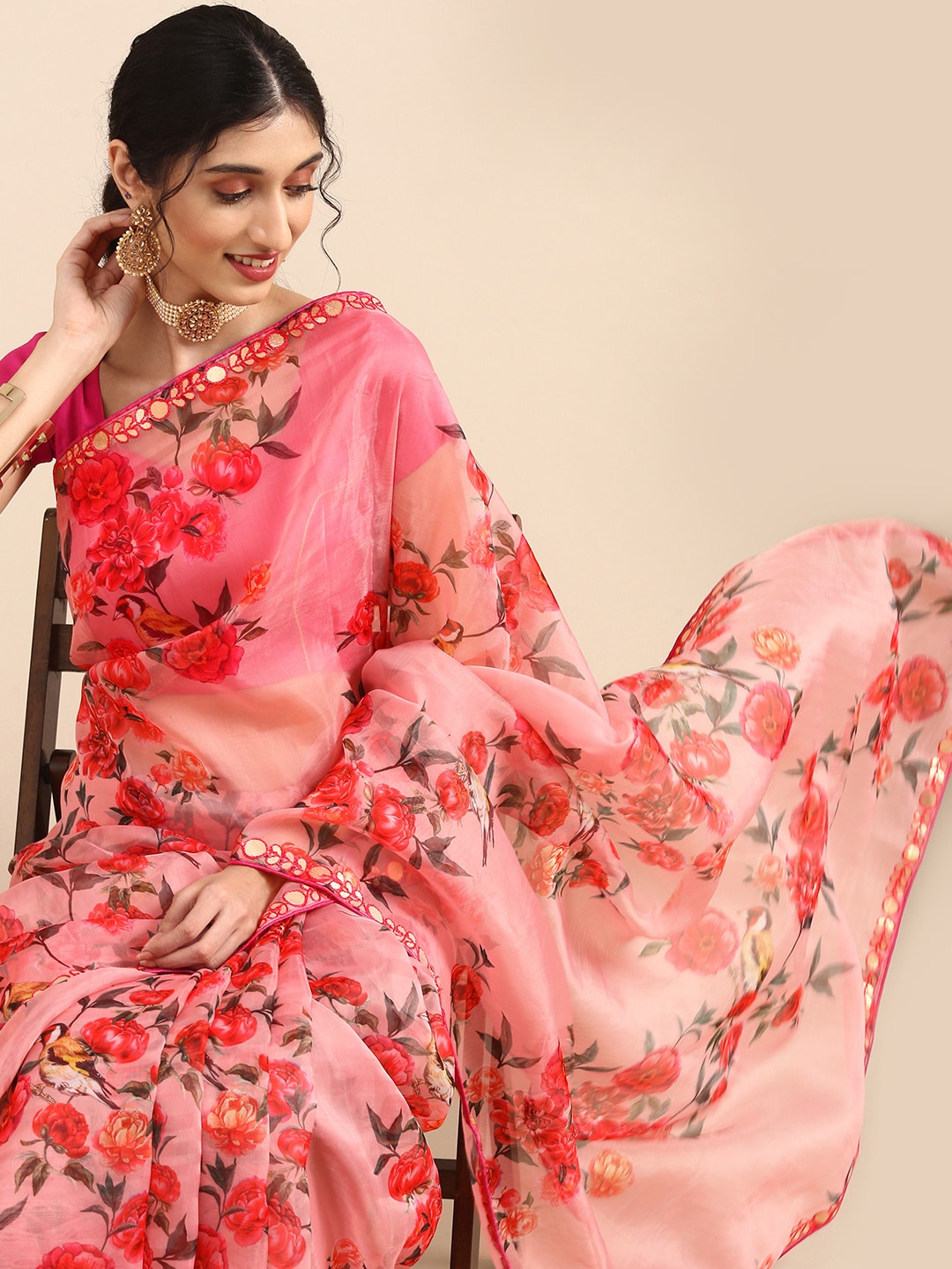 Anouk Pink Floral Printed Organza Saree Price in India
