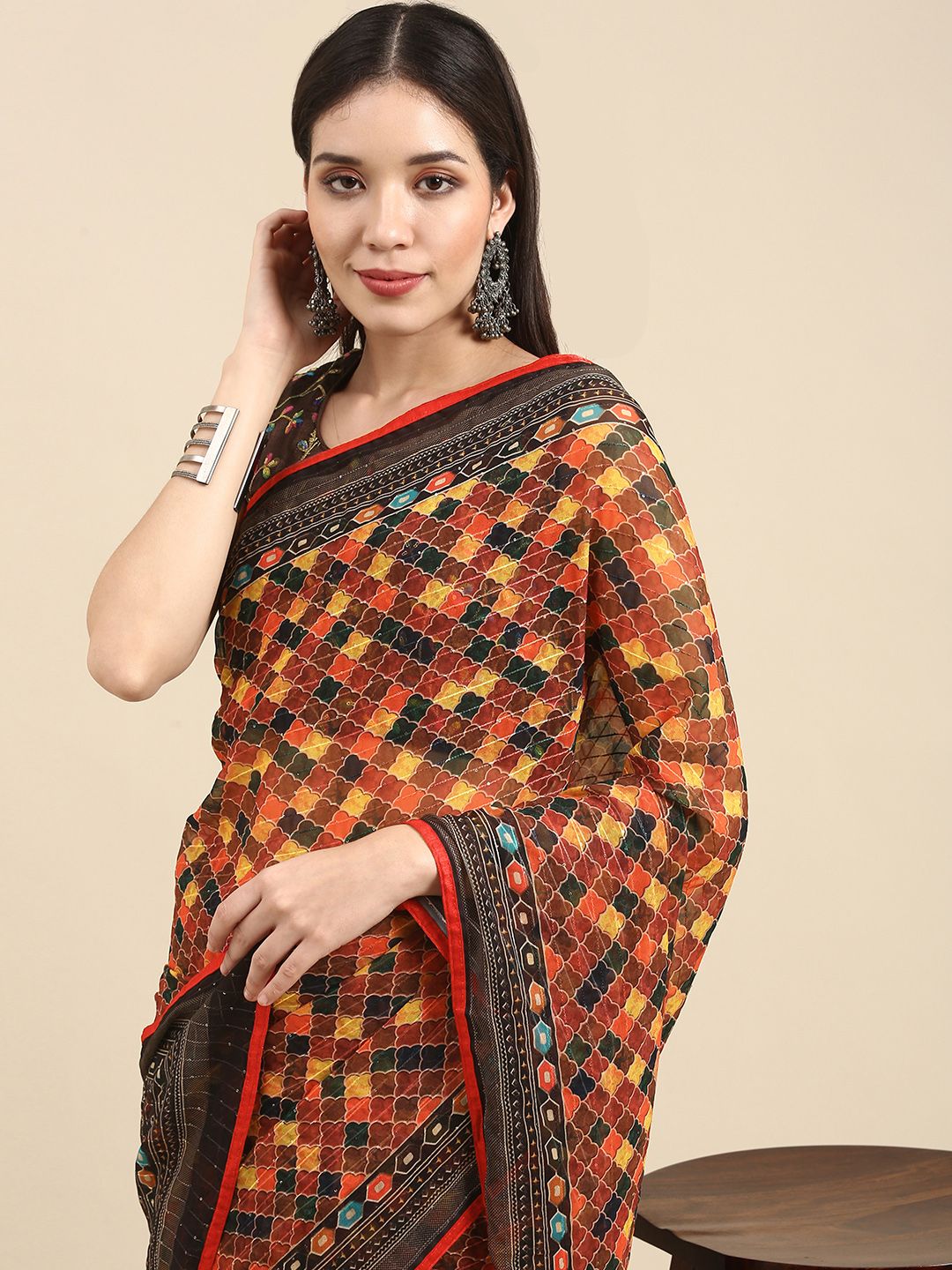 Anouk Black & Yellow Woven Design Sequinned Pure Georgette Saree