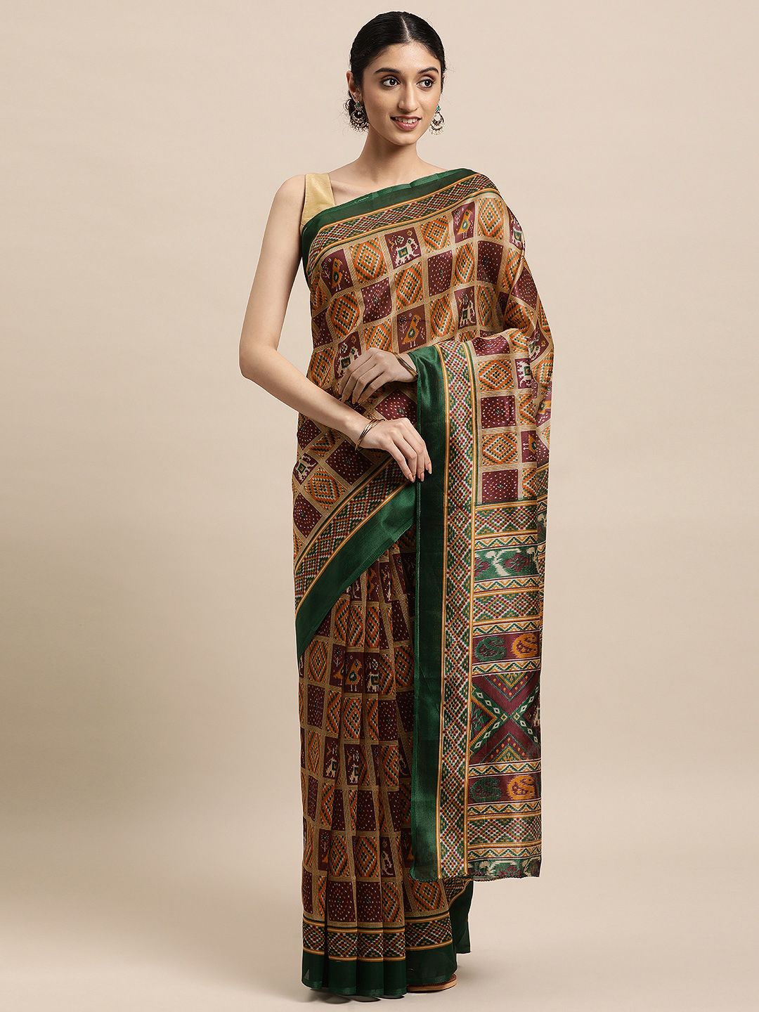 Mitera Beige & Maroon Ethnic Motifs Art Silk Patola Saree Price in India