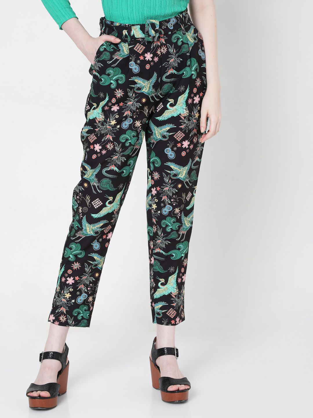 Vero Moda Women Black Floral Printed Slim Fit High-Rise Pleated Trousers Price in India