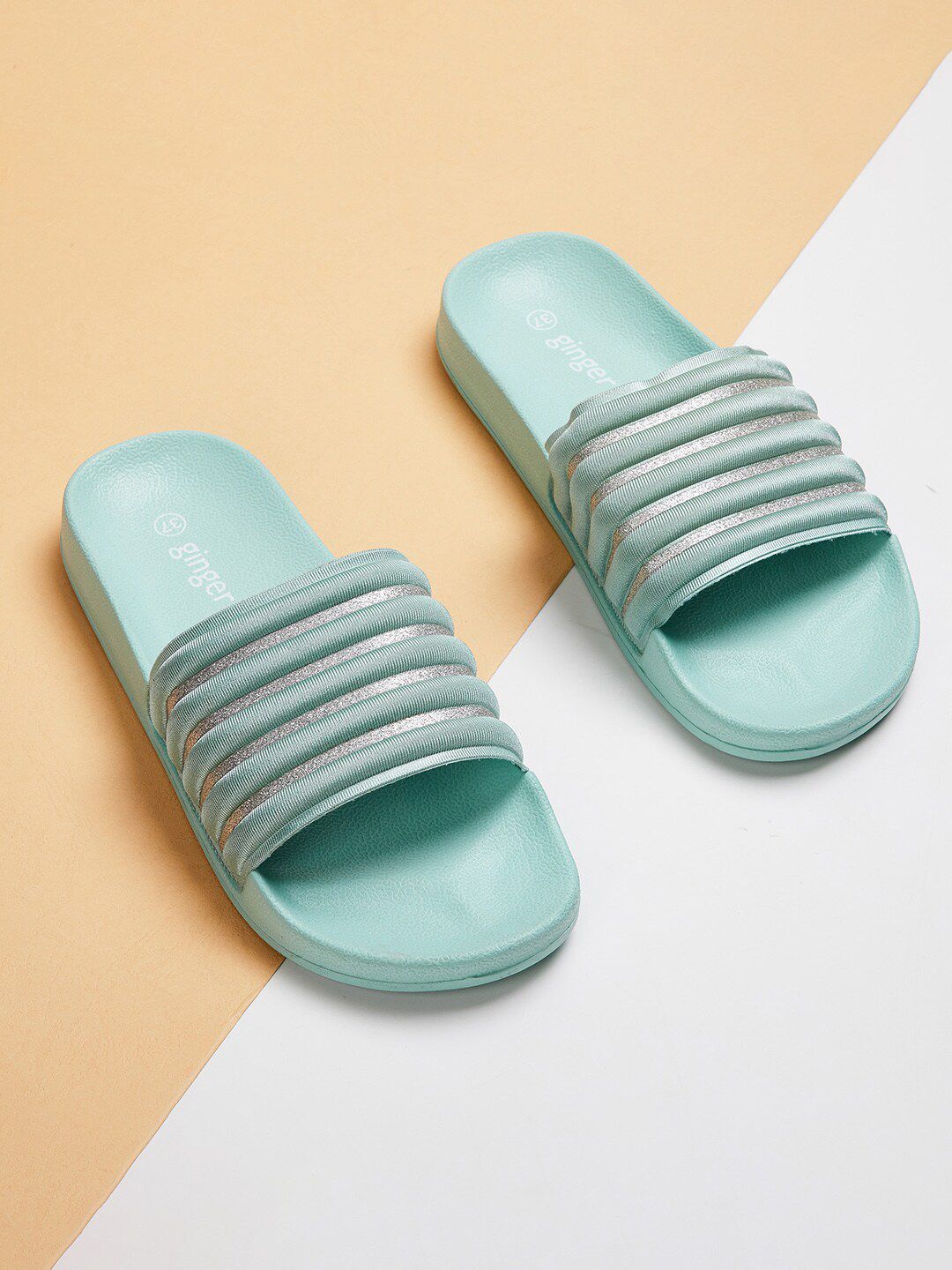 Ginger by Lifestyle Women Green & Silver-Toned Striped Sliders Price in India