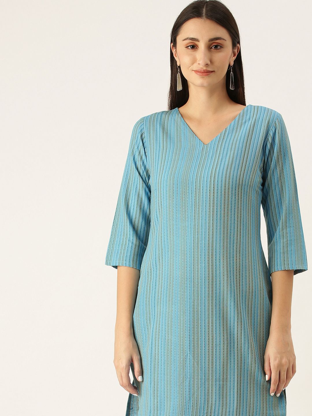 Saanjh Turquoise Blue Striped V-Neck Kantha Work Kurti