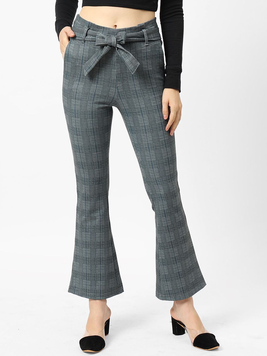 Kraus Jeans Women Grey Checked Loose Fit High-Rise Bootcut Trousers Price in India