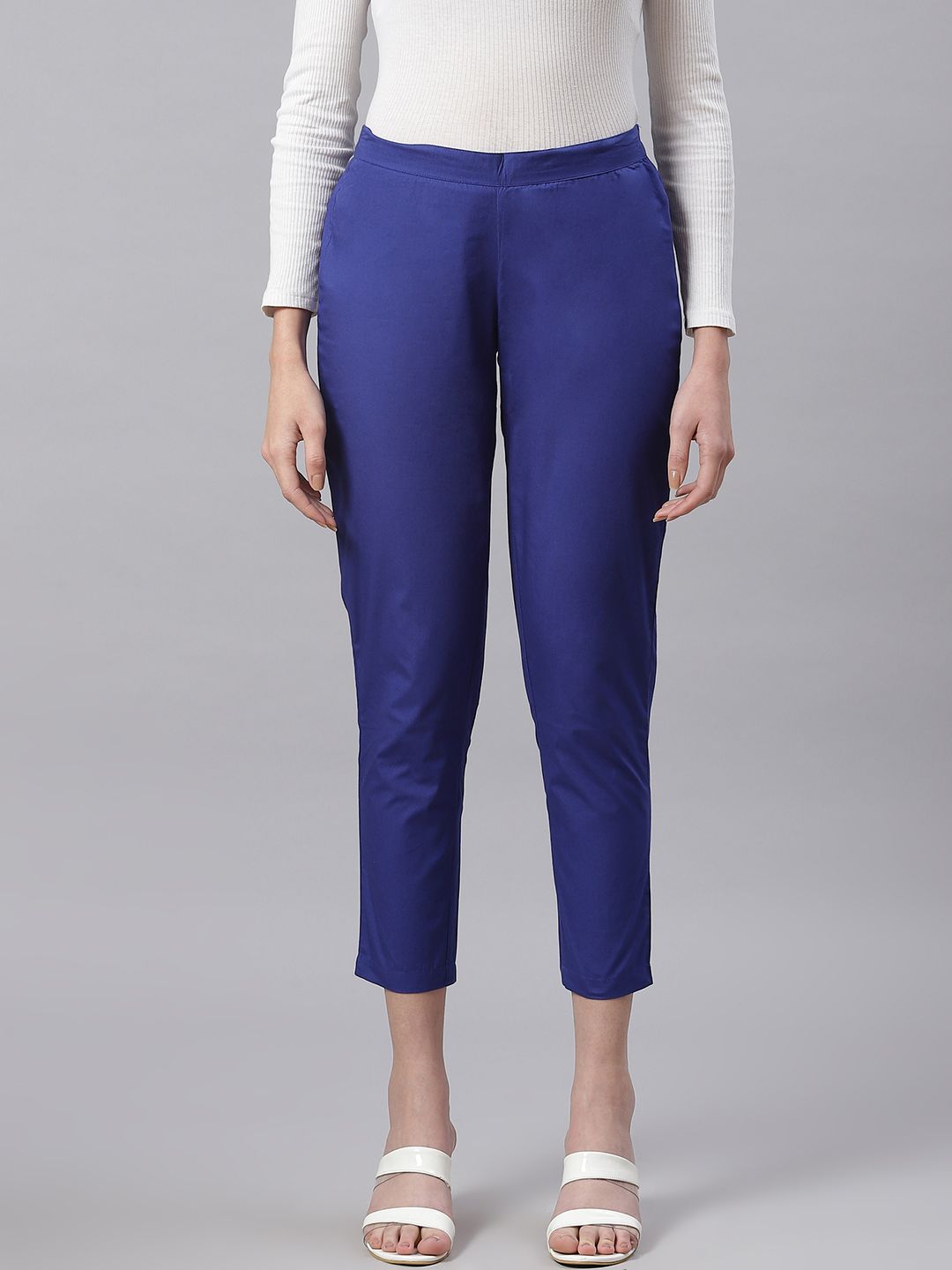 Ayaany Women Blue Pure Cotton Solid Cigarette Trousers Price in India