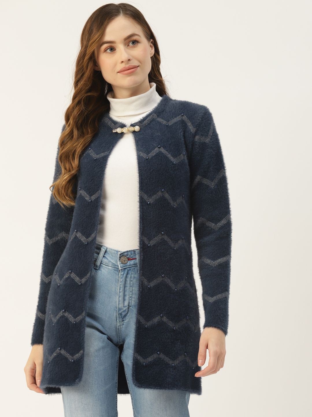 BROOWL Women Navy Blue & White Chevron Patterned Embellished Fuzzy Longline Button Shrug Price in India