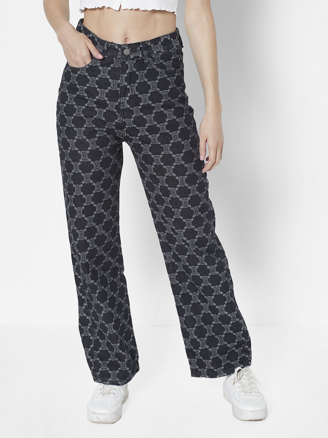 URBANIC Women Black Relaxed Fit High-Rise Geometric Print Stretchable Jeans Price in India