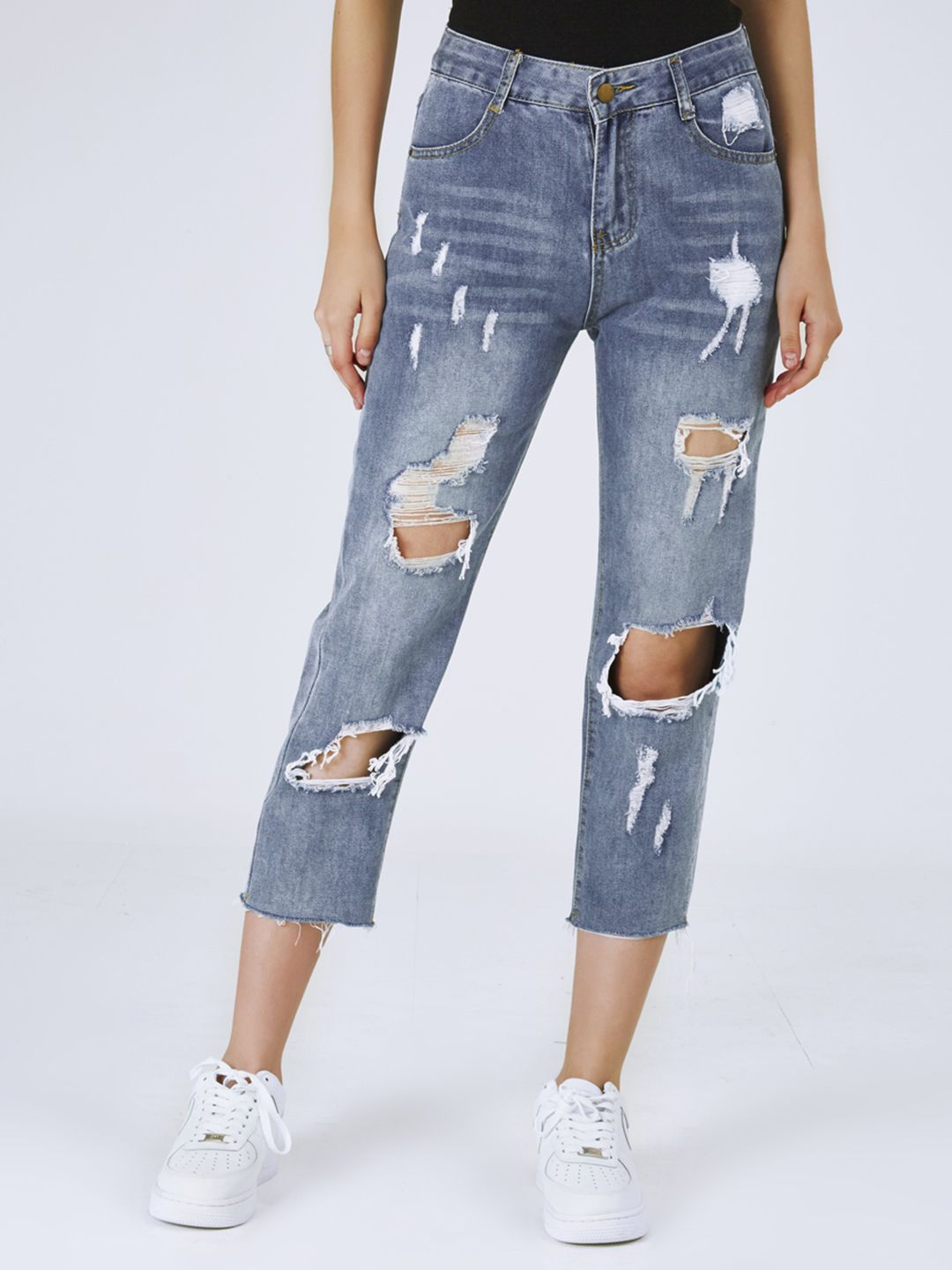 URBANIC Women Blue Cotton High-Rise Highly Distressed Light Fade Cropped Mom Jeans Price in India