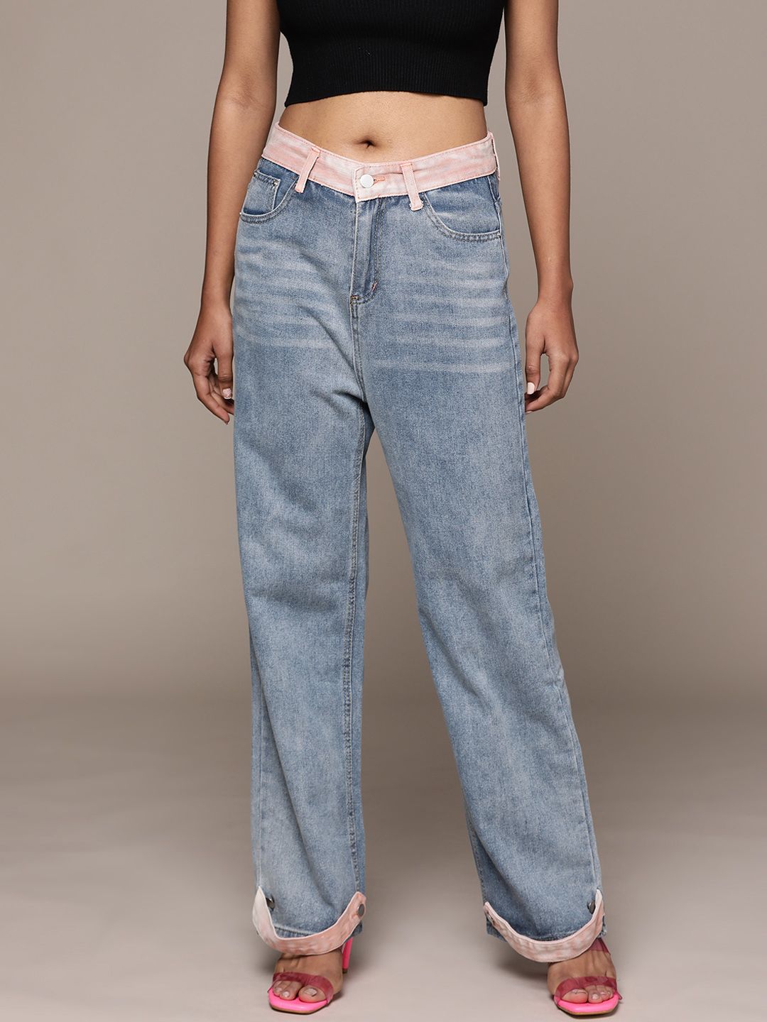 URBANIC Women Blue Light Fade Two Tone Straight Leg Jeans