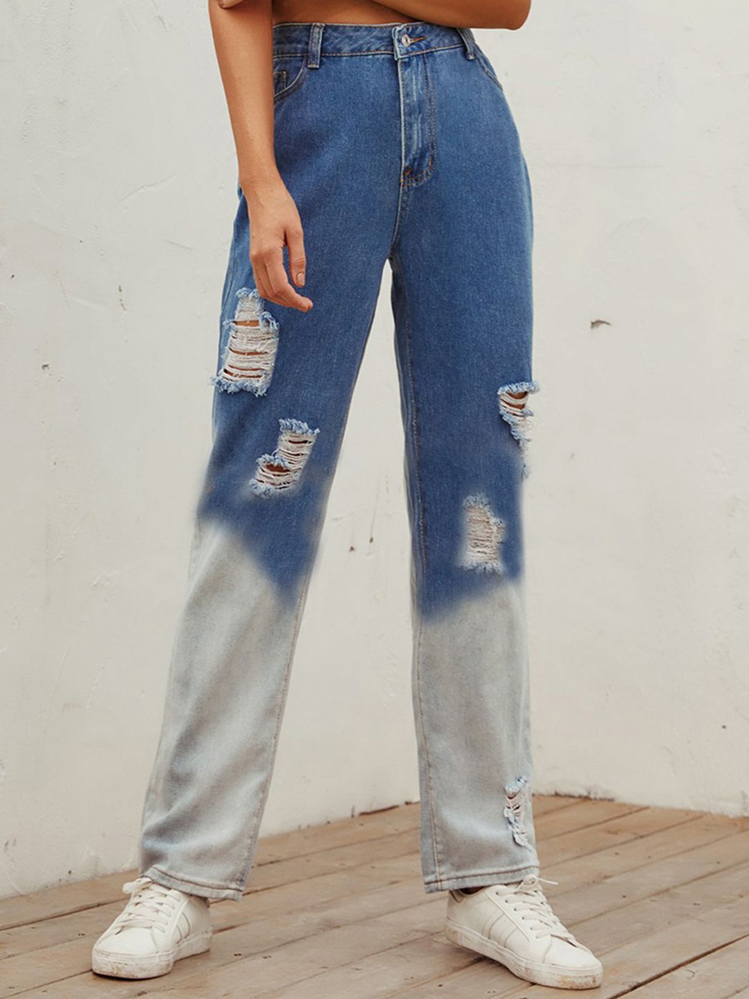 URBANIC Women Blue Wide Leg High-Rise Mildly Distressed Ombre Jeans Price in India