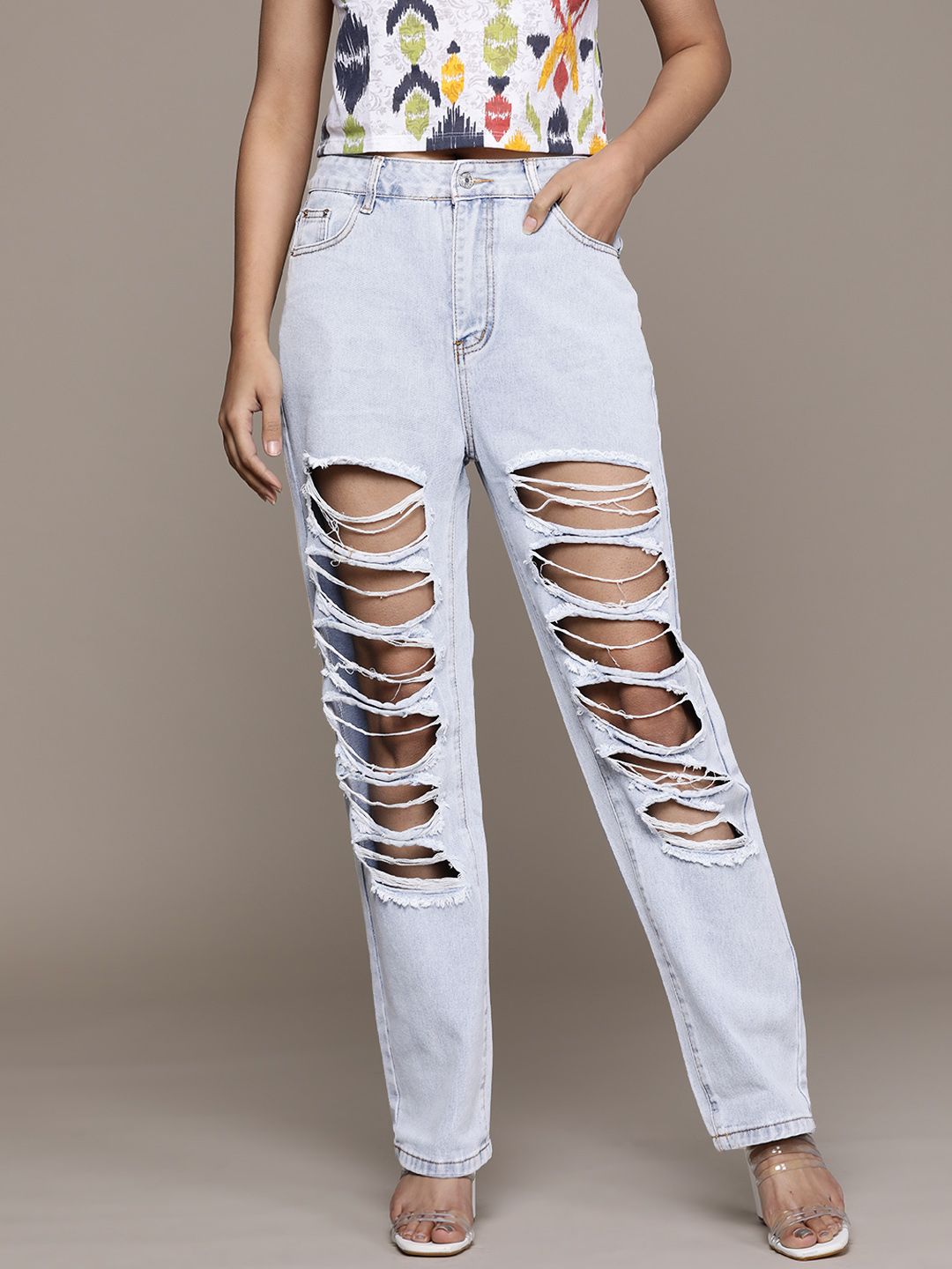 URBANIC Women Blue Straight Fit High-Rise Highly Distressed Jeans Price in India