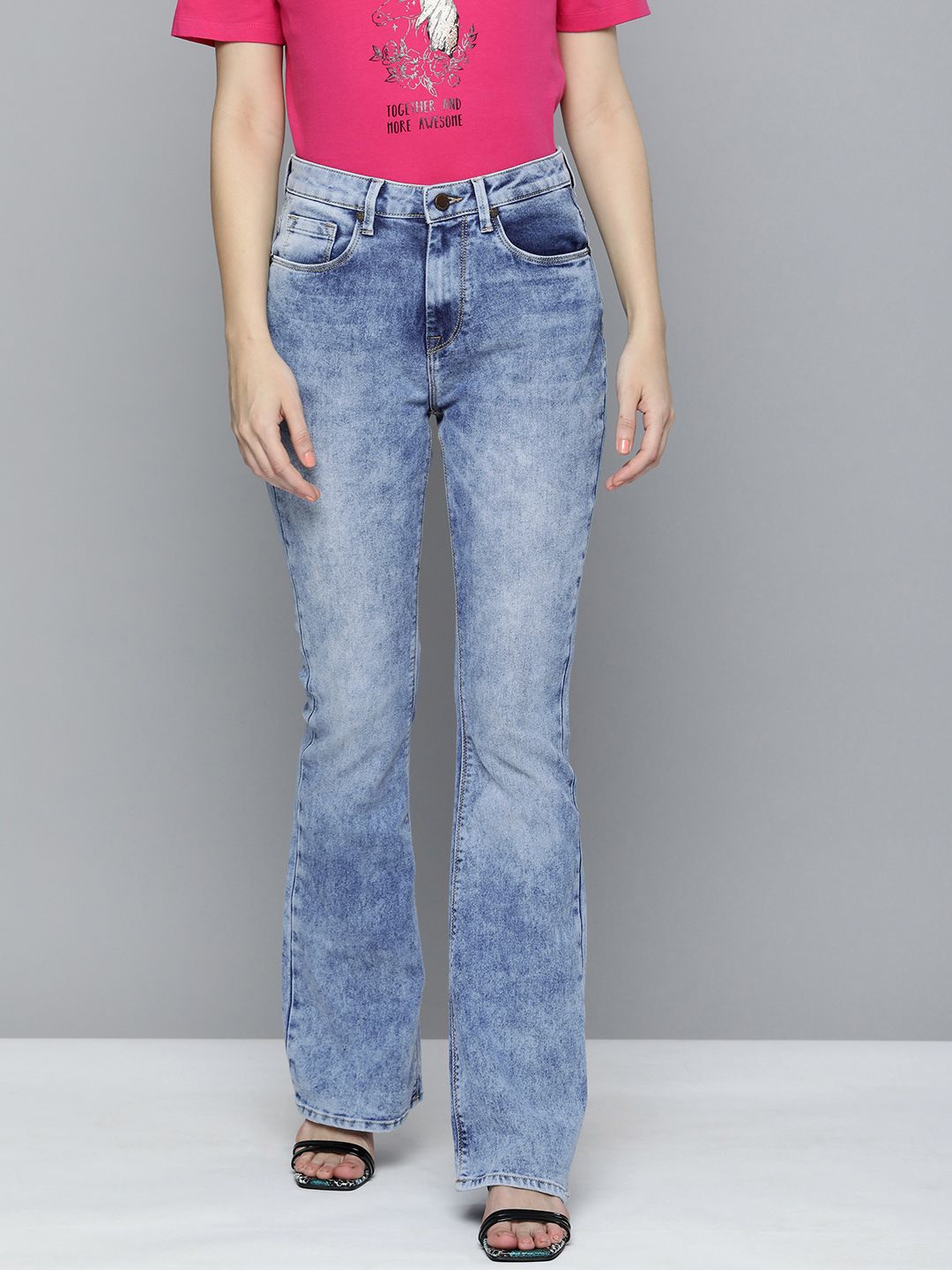 HERE&NOW Women Blue High-Rise Boot Cut Heavy Fade Stretchable Jeans Price in India