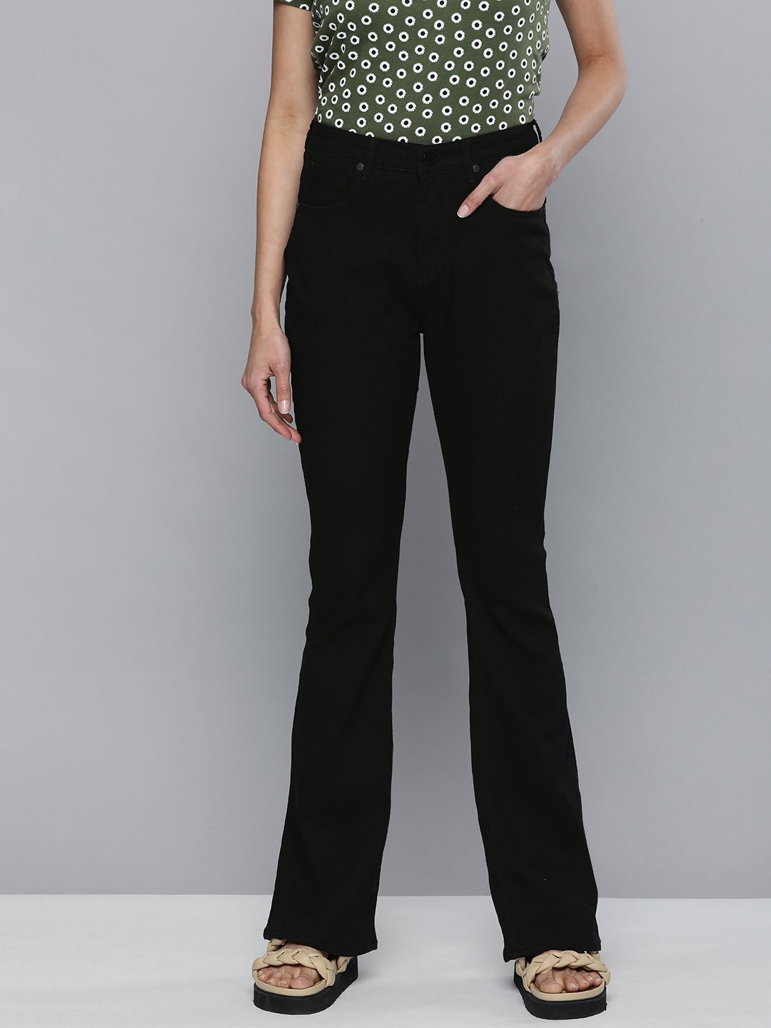 HERE&NOW Women Black Bootcut Mid-Rise Clean Look Stretchable Jeans Price in India
