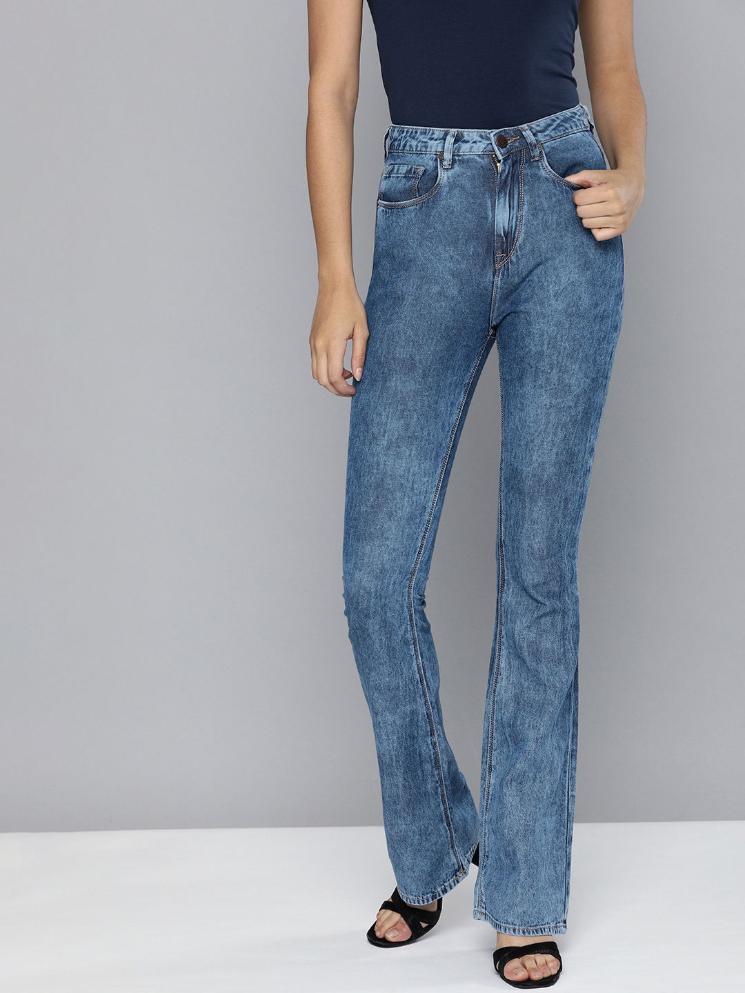 HERE&NOW Women Blue Bootcut High-Rise Light Fade Stretchable Jeans Price in India