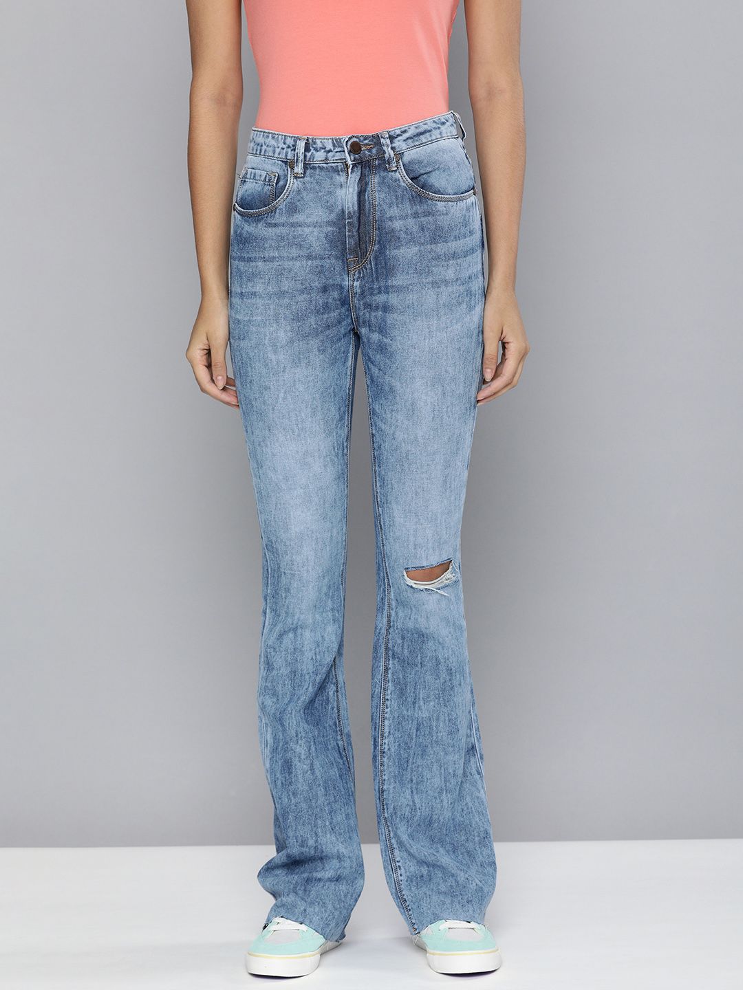HERE&NOW Women Blue Bootcut High-Rise Slash Knee Heavy Fade Stretchable Jeans Price in India