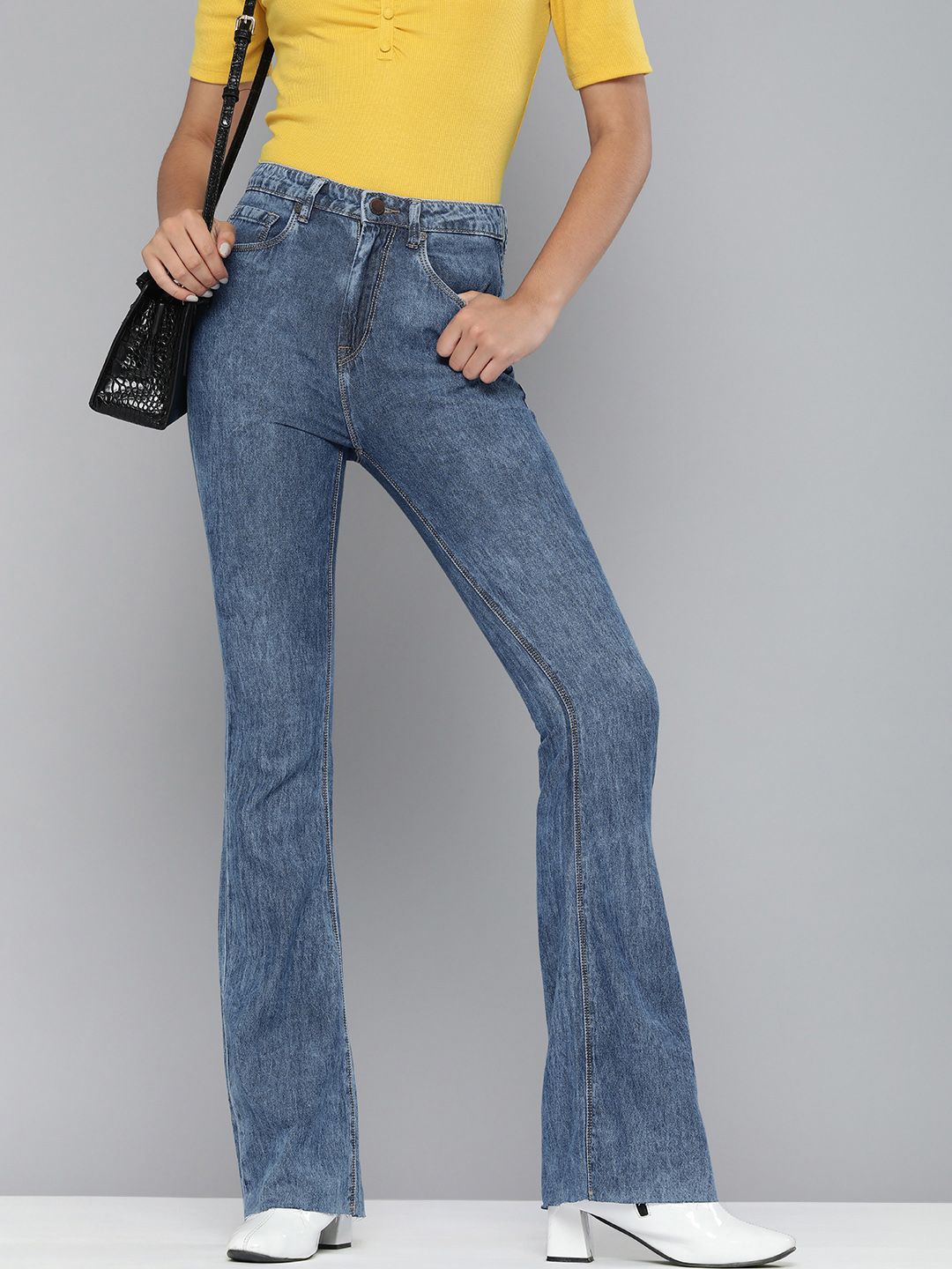 HERE&NOW Women Blue Flared High-Rise Stretchable Jeans Price in India