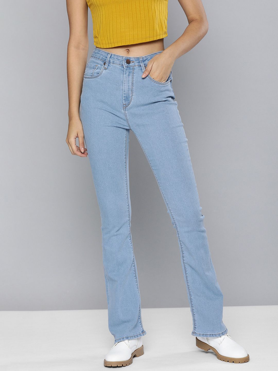 HERE&NOW Women Light Blue Bootcut High-Rise Clean Look Stretchable Jeans Price in India