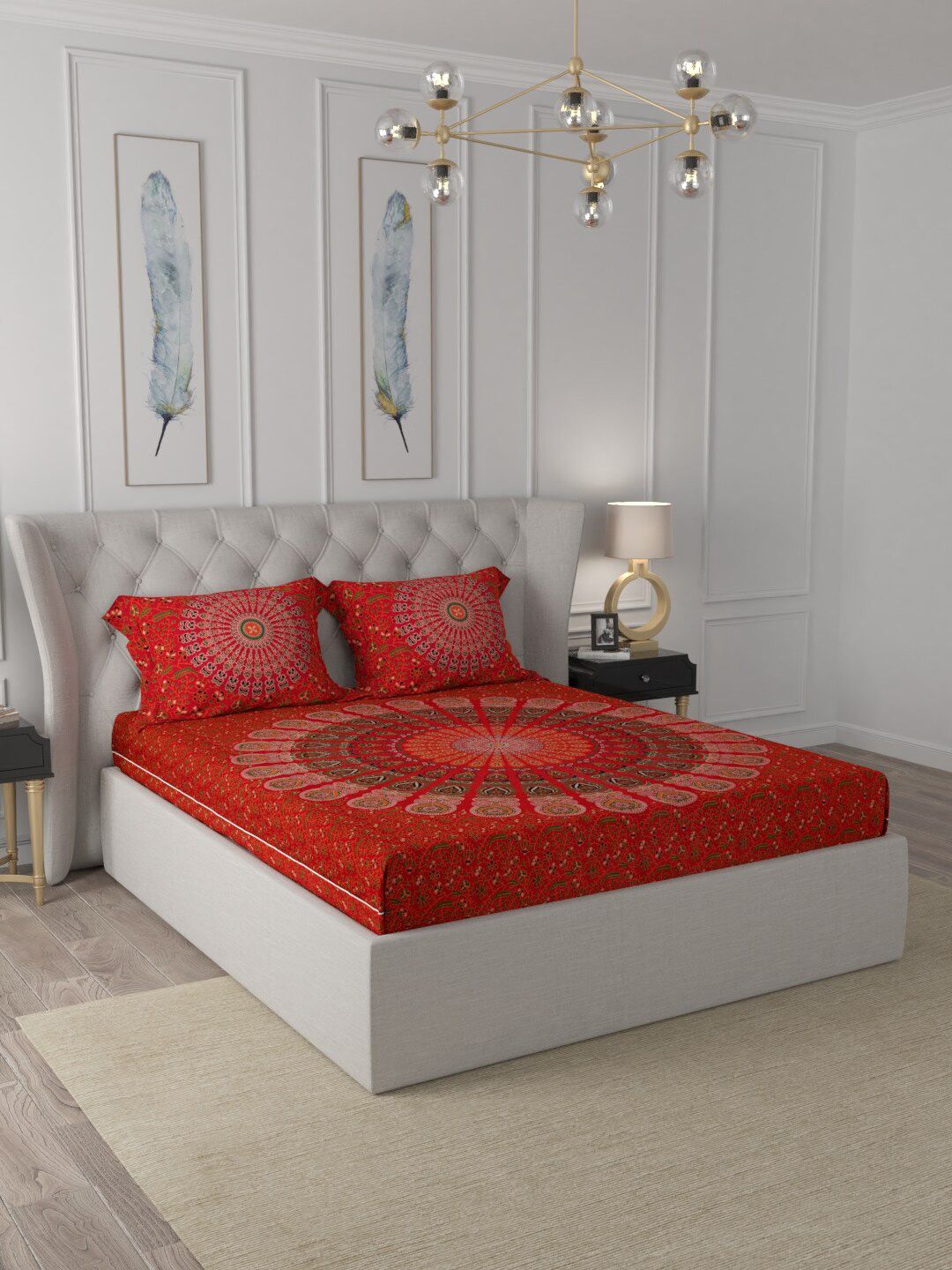JAIPUR FABRIC Red 180 TC Double Bedsheet Tapestry with 2 Pillow Covers Price in India