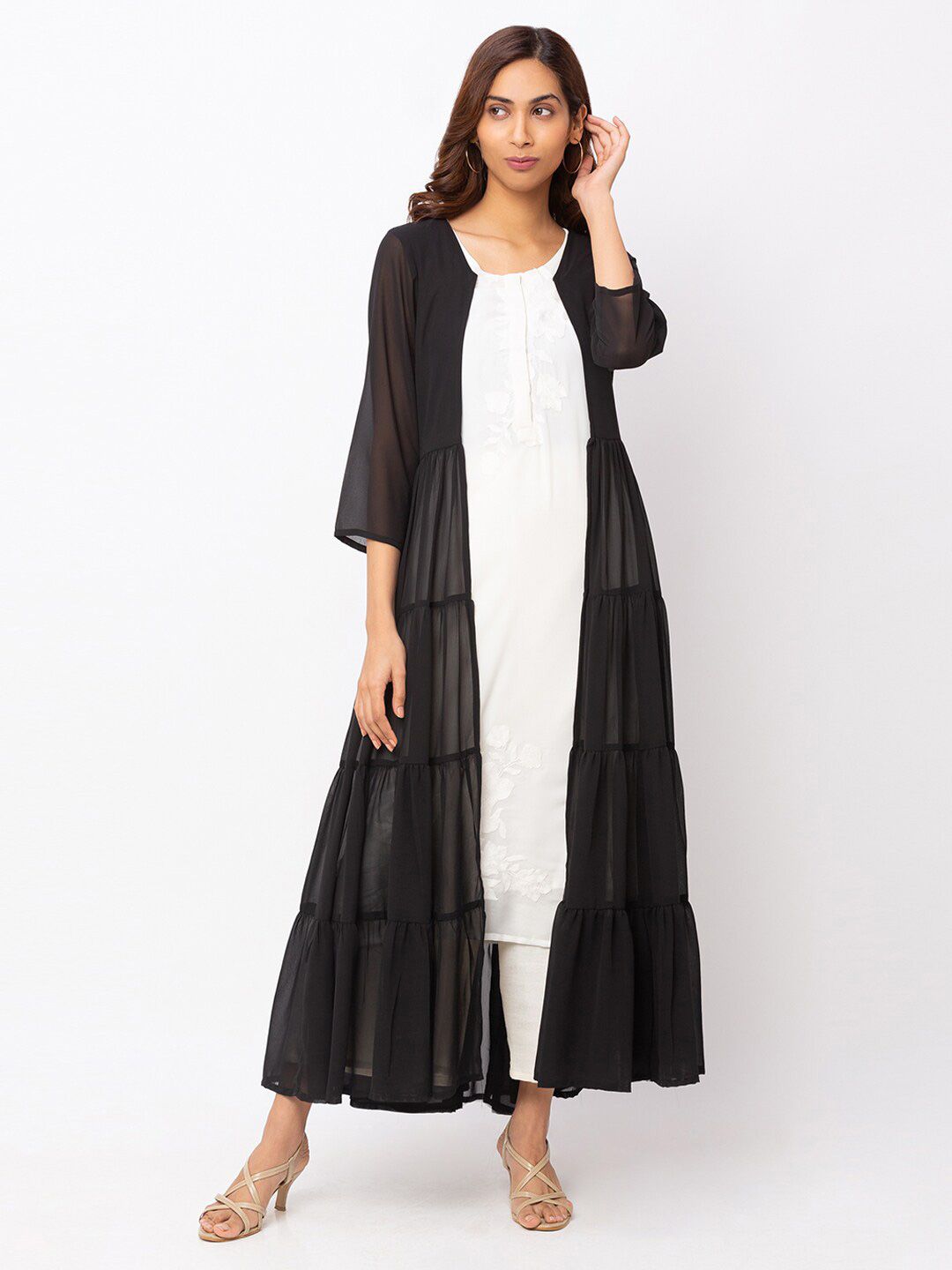 Iti Women Black Open-Front Longline Tiered Shrug Price in India